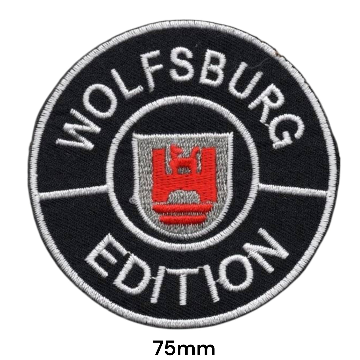 VW Wolfsburg Edition Crest Embroidered Patch 75mm Round – Black, Silver & Red
