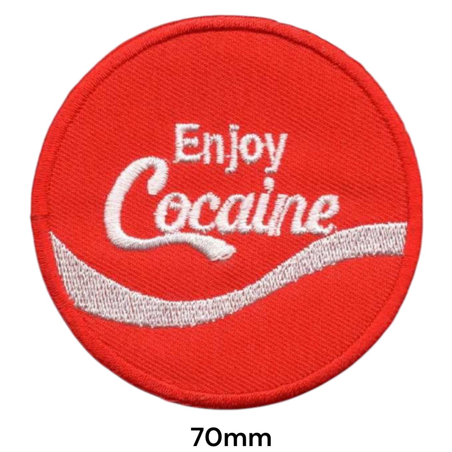 Enjoy Cocaine Parody Embroidered Patch 70mm Round – Red & White