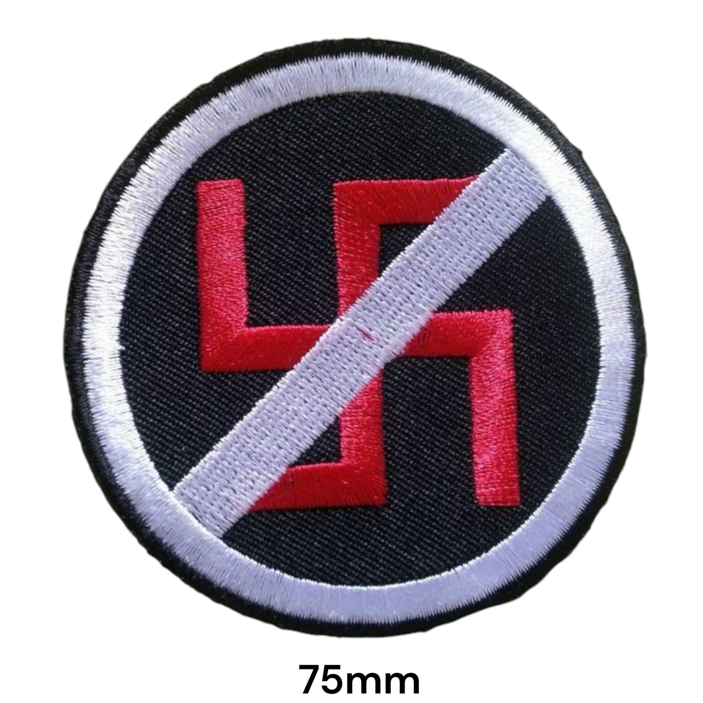 Anti-Nazi No Swastika Embroidered Patch 75mm Round – Black, White & Red