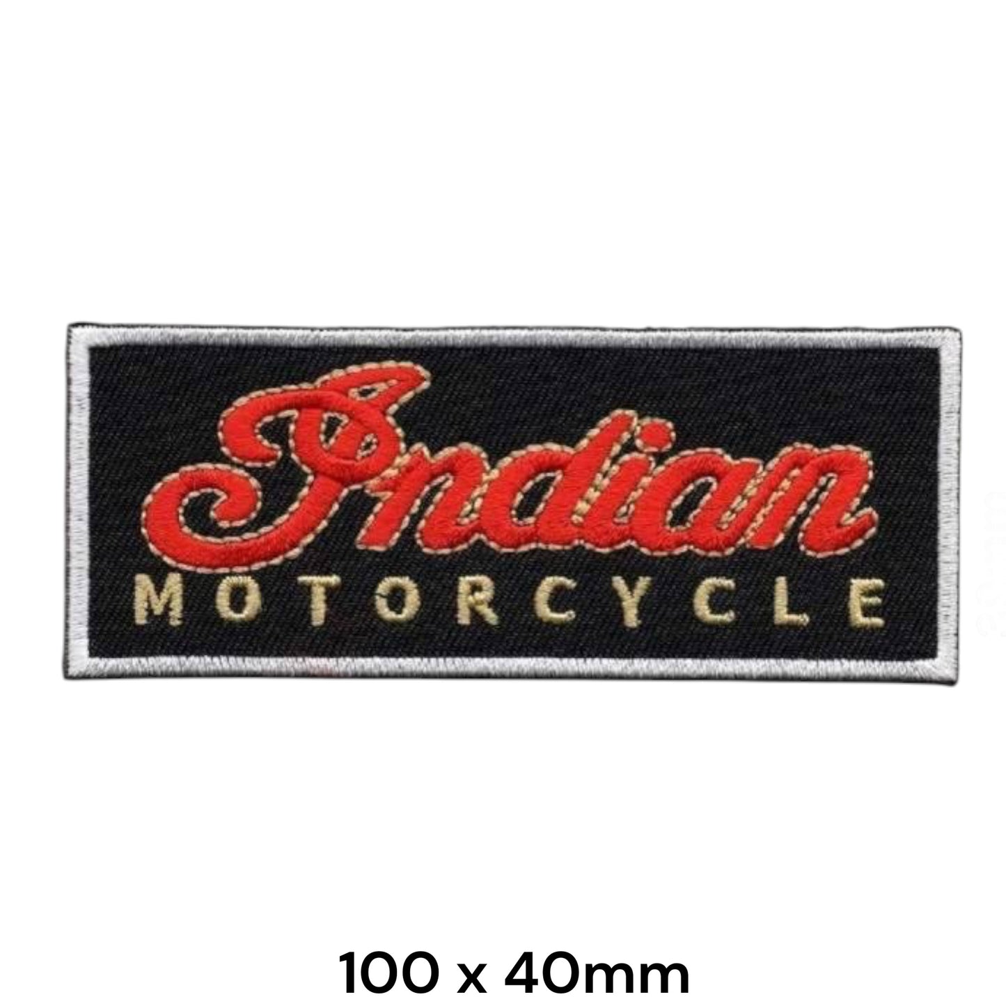 Indian Motorcycle Script Logo Strip Embroidered Patch 100x40mm – Black, Red, Gold & Silver