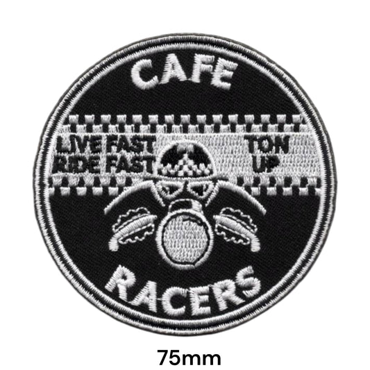 Cafe Racers Live Fast Ride Fast Ton Up Embroidered Patch 75mm Round – Black, White & Silver