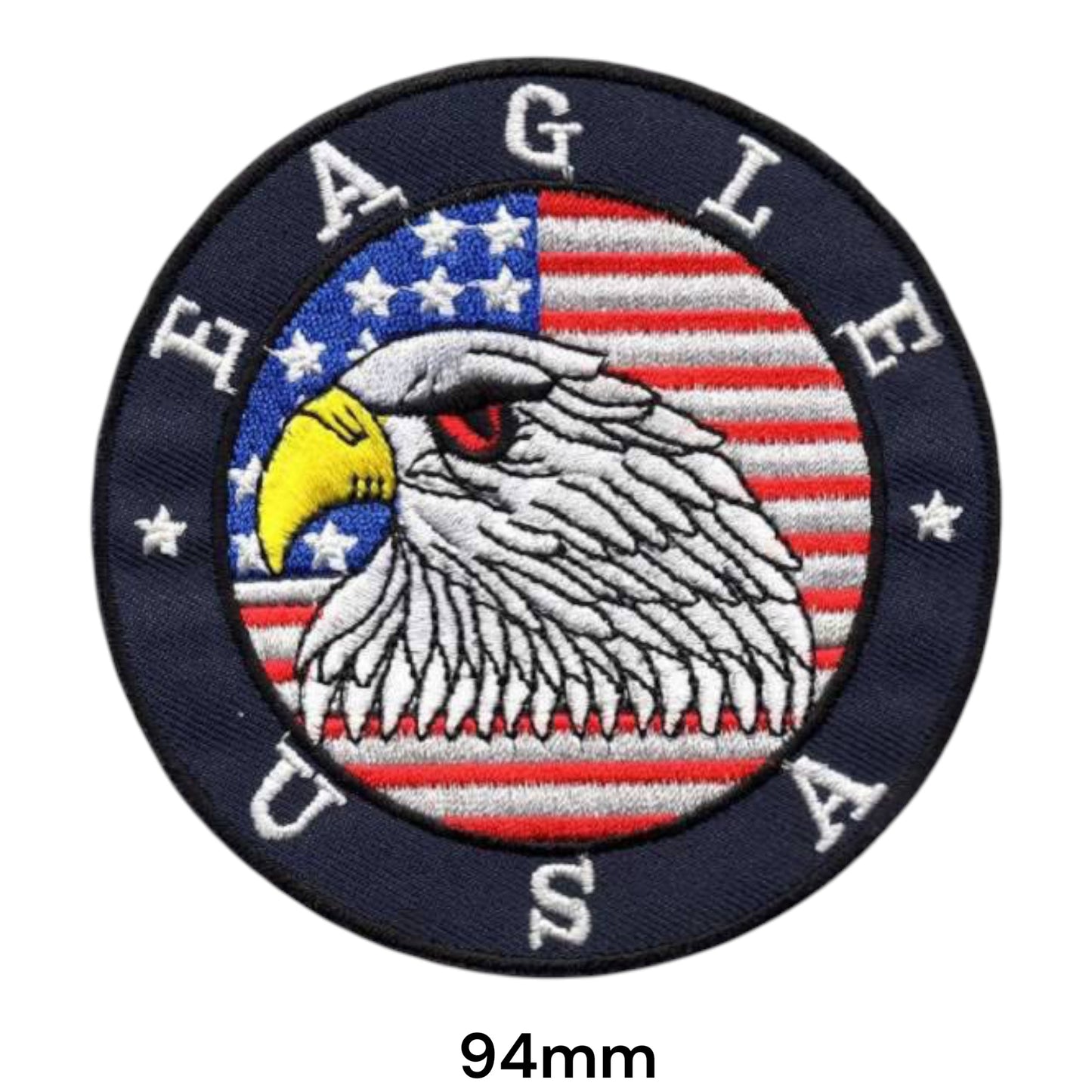 Eagle USA Bald Eagle American Flag Embroidered Patch 94mm Round – Navy, Red, White, Silver & Gold