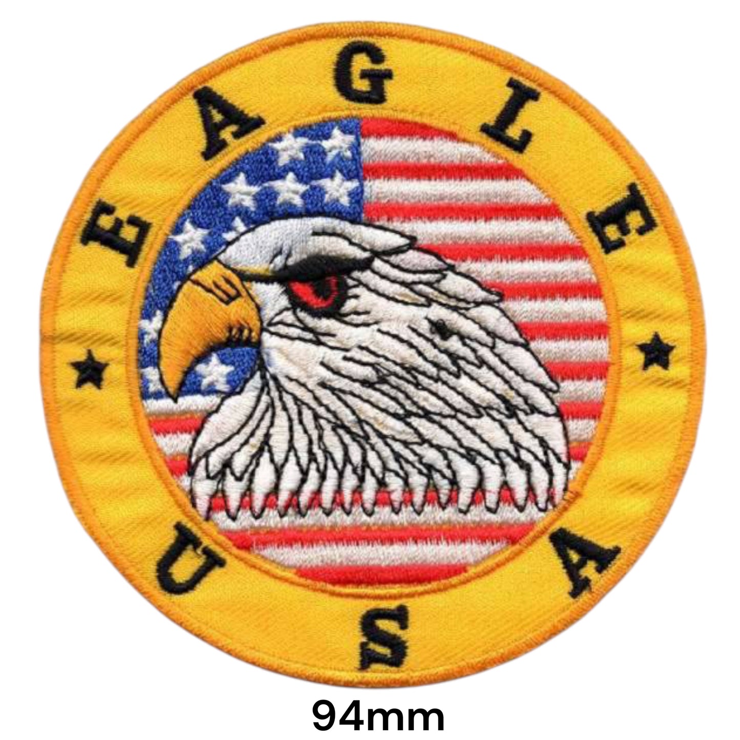Eagle USA Bald Eagle American Flag Yellow Embroidered Patch 94mm Round – Yellow, Black, Red, White, Blue & Silver