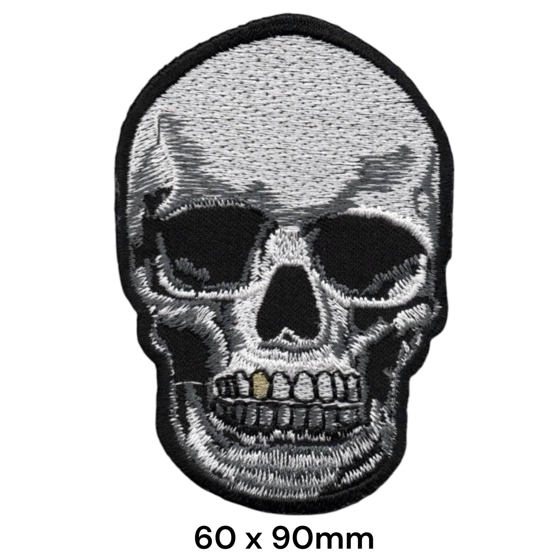 Skull Gold Tooth Front View Embroidered Patch 60x90mm – Grey, Black & Gold