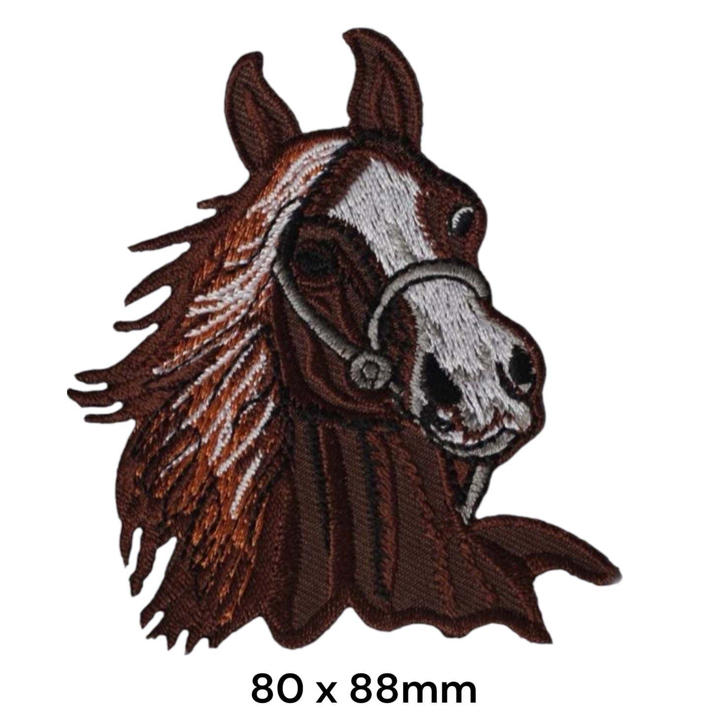 Brown Horse Head Portrait Embroidered Patch 80x88mm – Brown, White & Grey