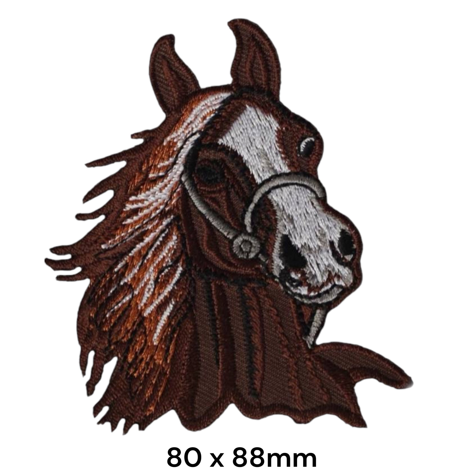 Brown Horse Head Portrait Embroidered Patch 80x88mm – Brown, White & Grey