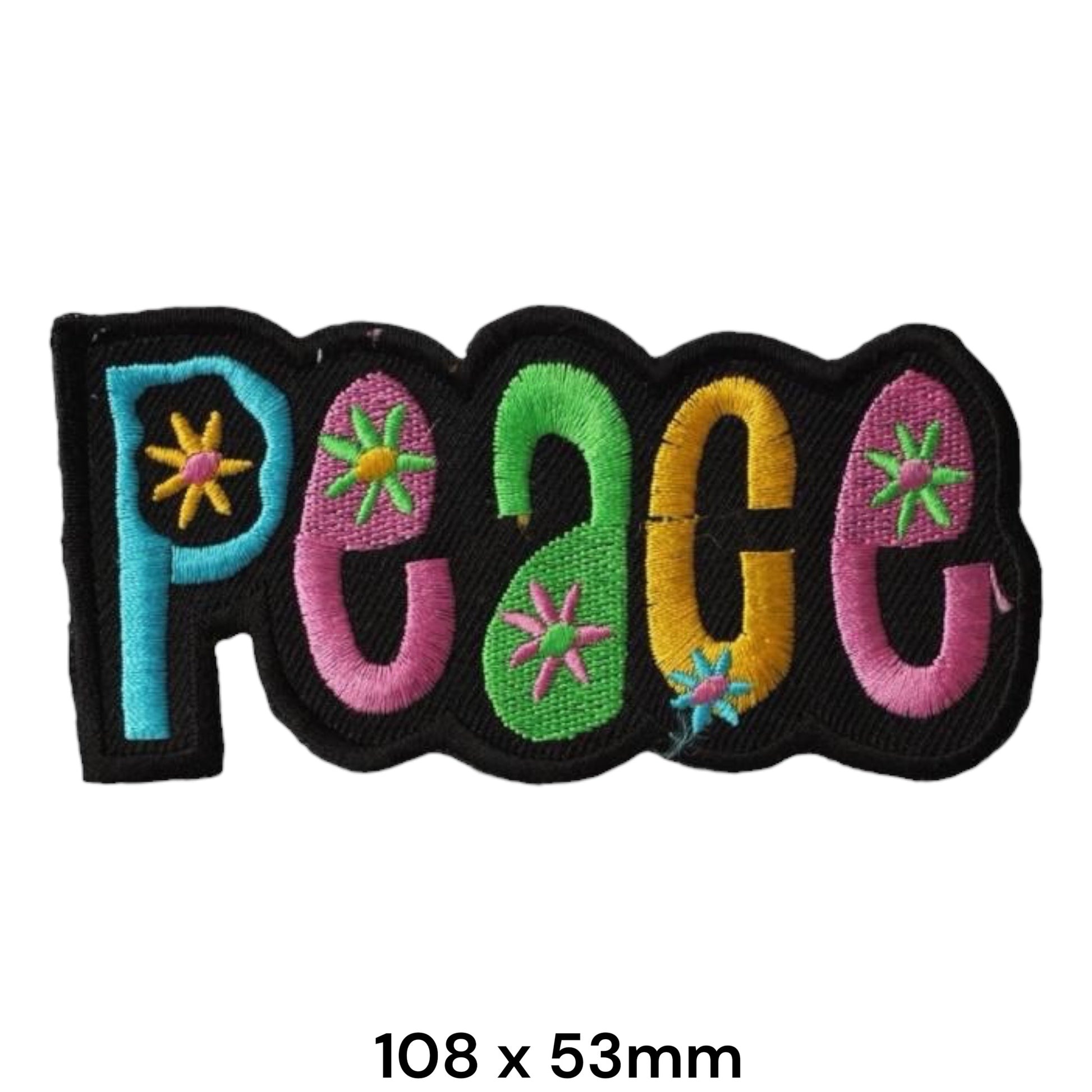 Peace Flower Power Embroidered Patch 108x53mm – Black, Blue, Pink, Green & Yellow