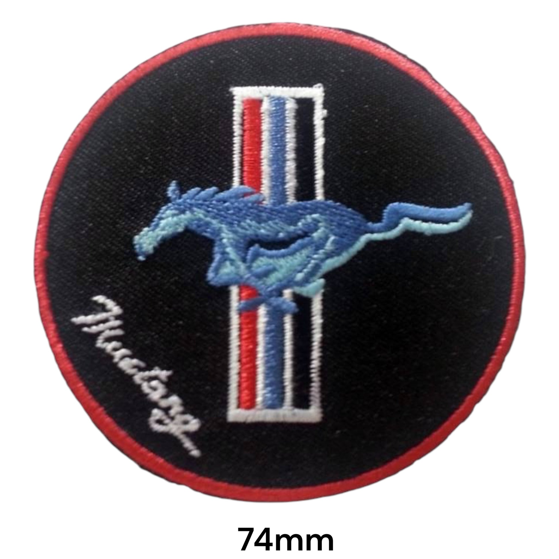 Ford Mustang Running Horse Tribar Logo Embroidered Patch 74mm Round – Black, Blue, Red & White