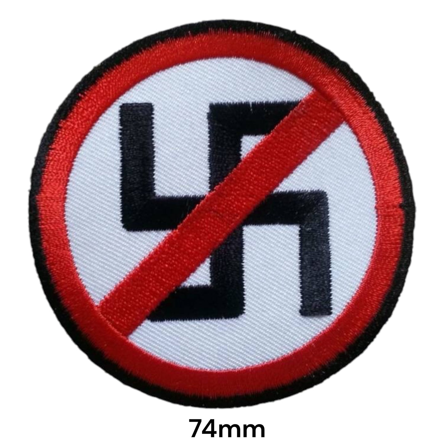 Anti-Nazi No Swastika Embroidered Patch 74mm Round – White, Black & Red