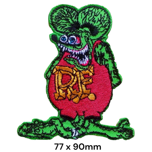 Rat Fink RF Full Body Character Embroidered Patch 77x90mm – Green, Red, Gold & White