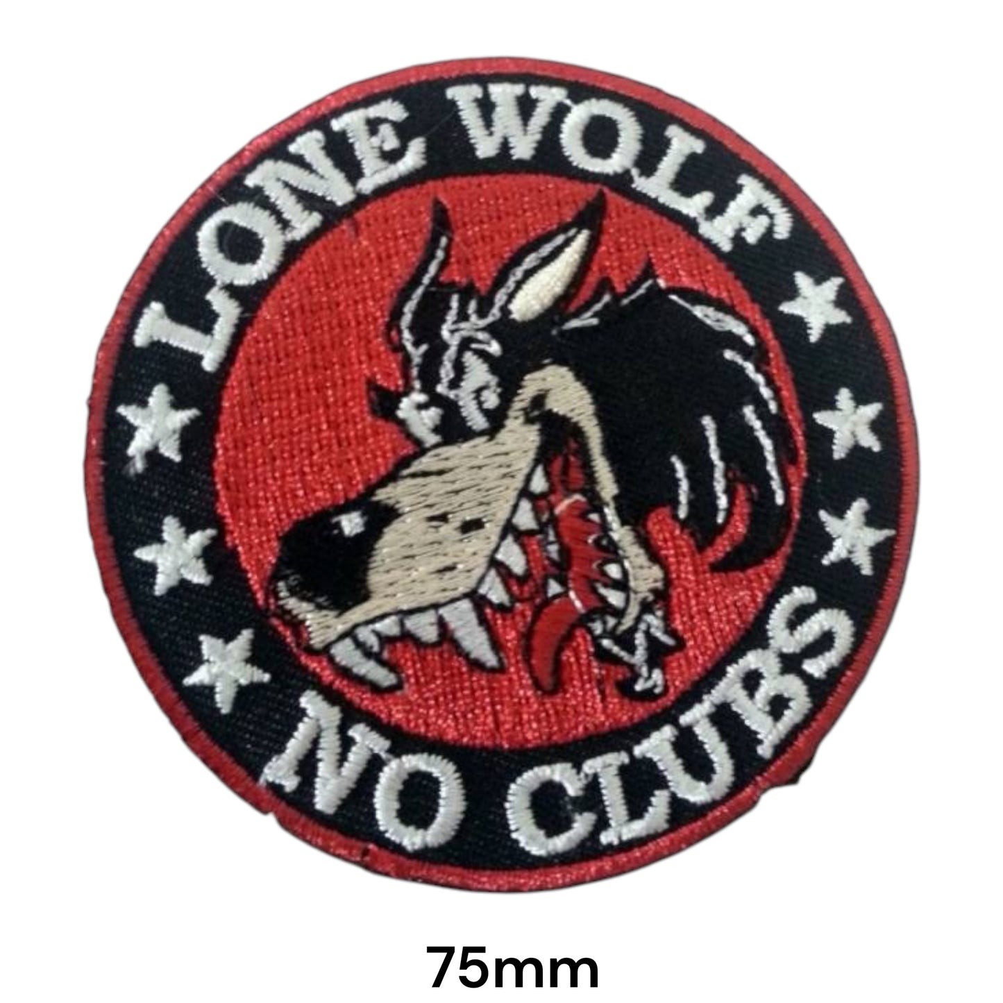 Lone Wolf No Clubs Round Embroidered Patch Iron-On Sew-On Biker Attitude Outlaw Badge