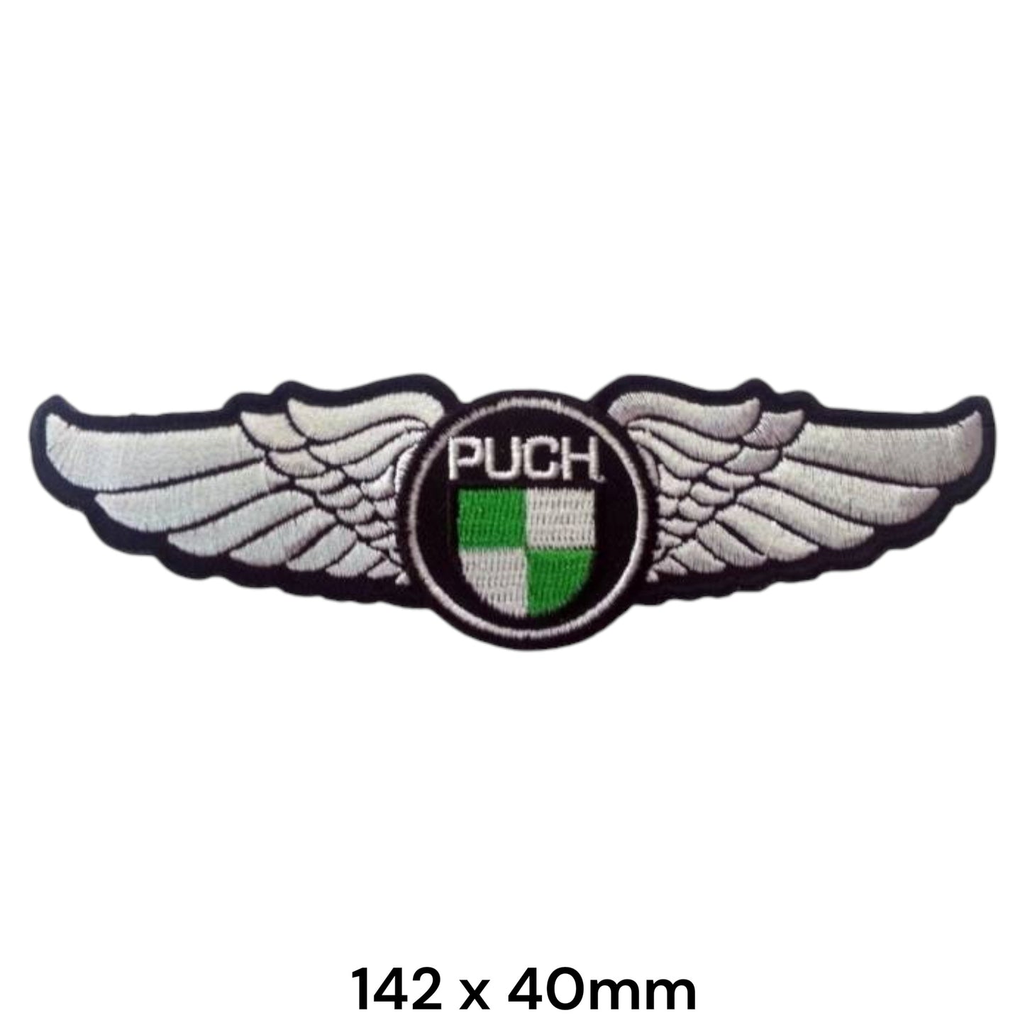 Puch Wings Logo Embroidered Patch 142x40mm – Black, White, Green & Silver