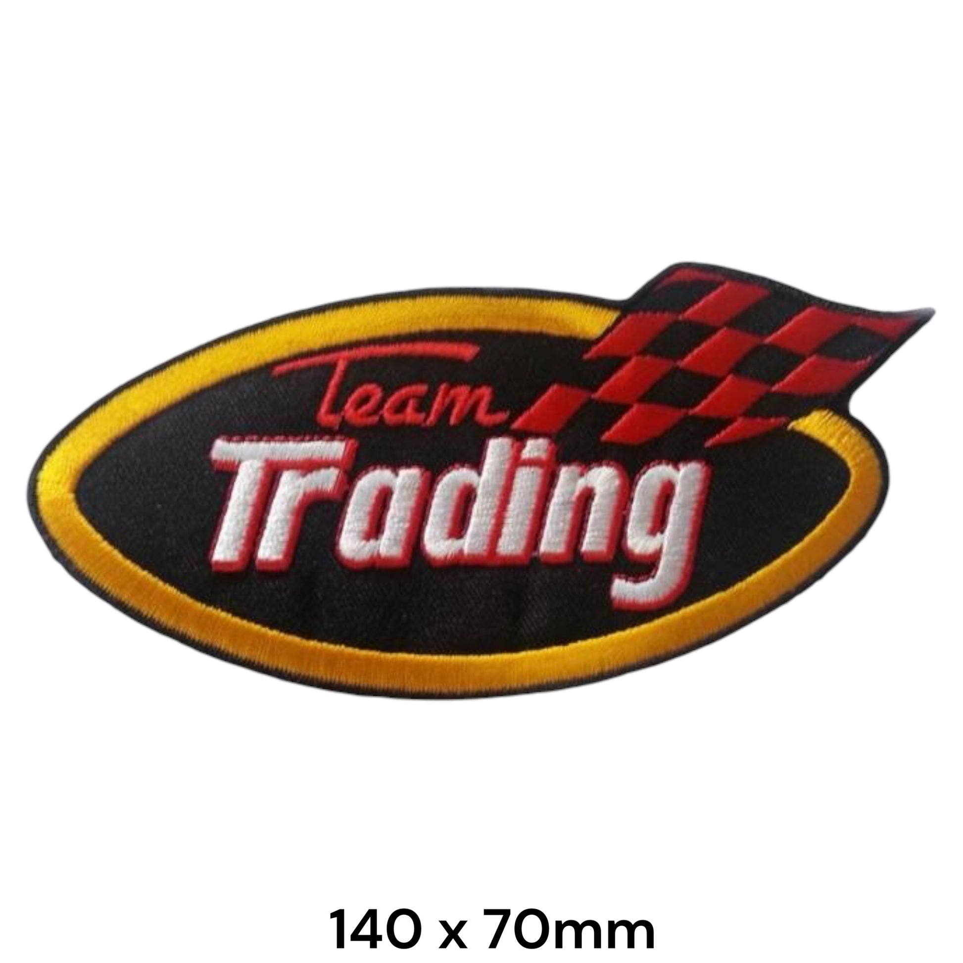 Team Trading Racing Checkered Flag Oval Embroidered Patch 140x70mm – Black, Gold, Red & White