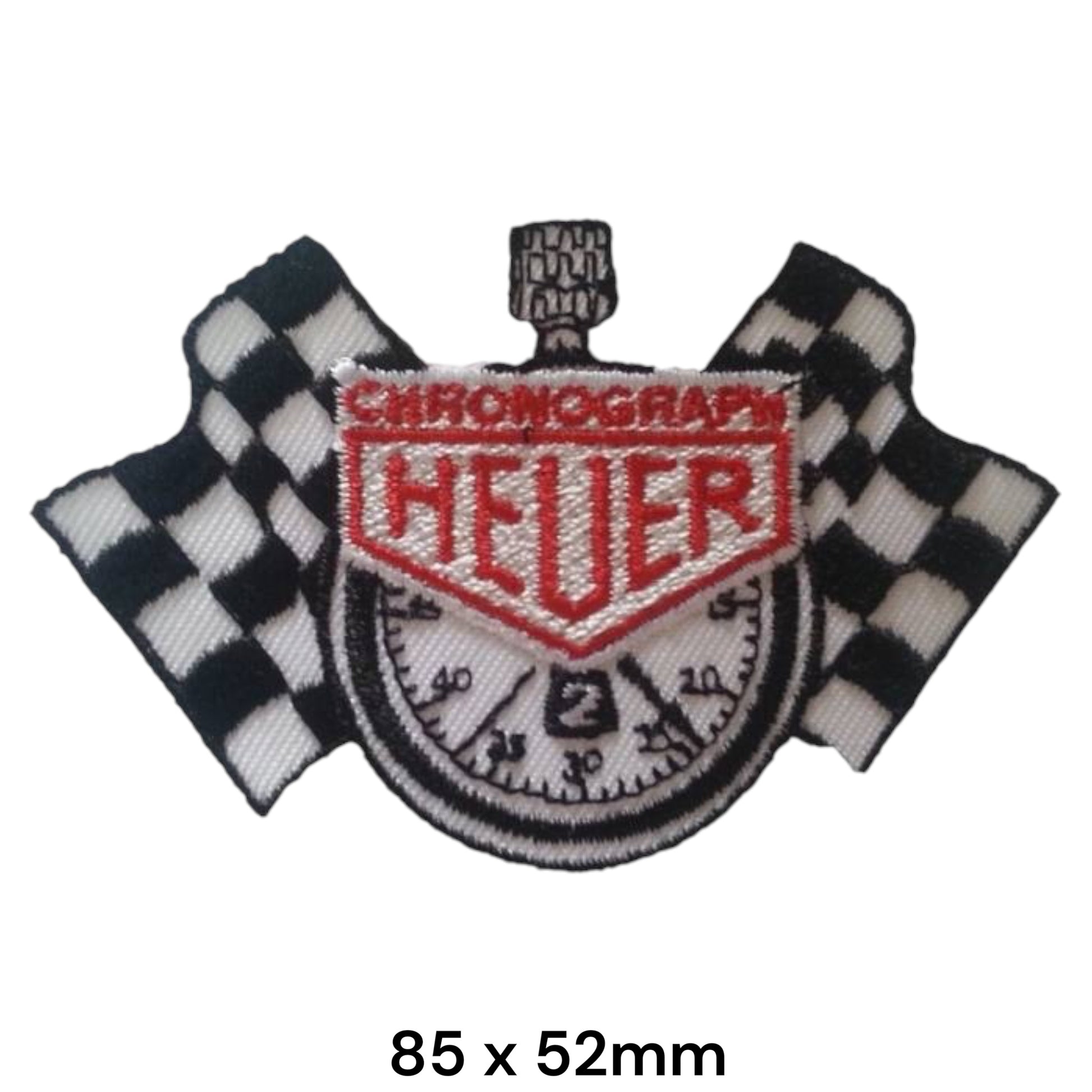 Heuer Chronograph Stopwatch Checkered Flag Embroidered Patch 85x52mm – Black, White & Red