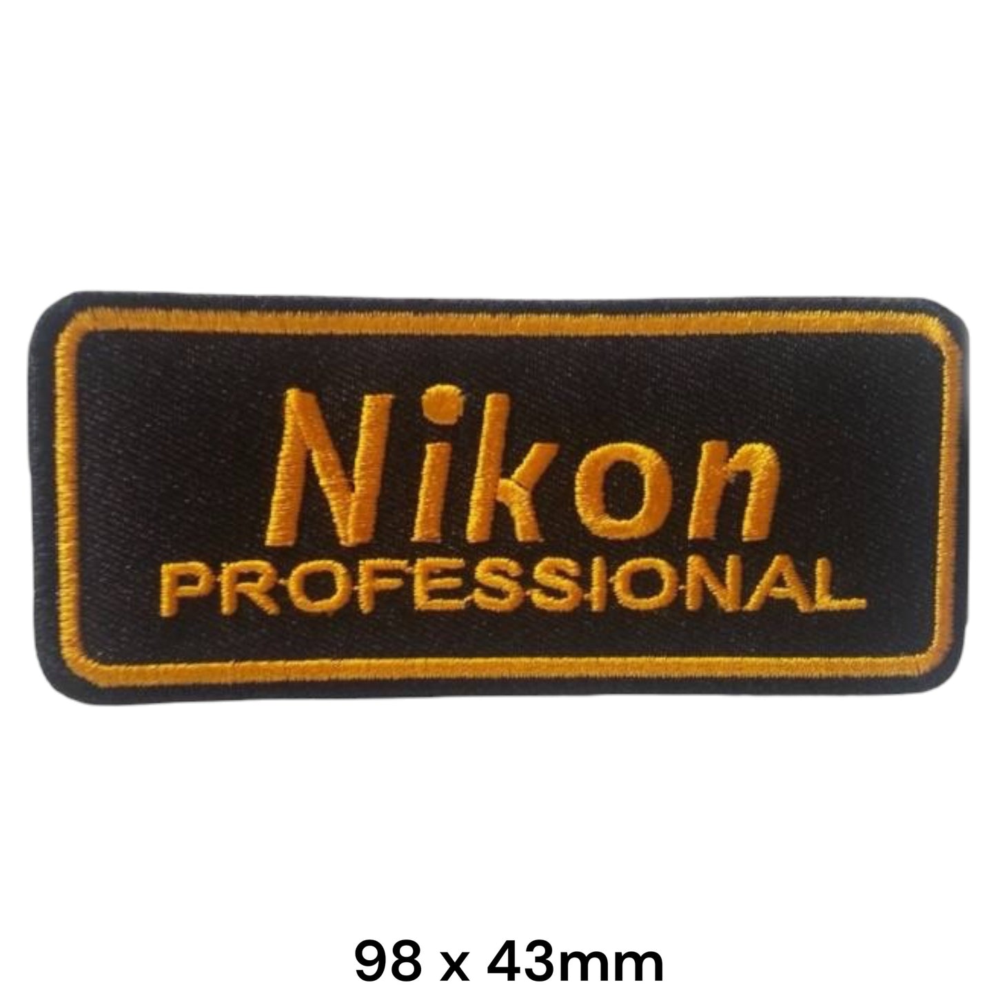 Nikon Professional Logo Embroidered Patch 98x43mm – Black & Gold/Orange