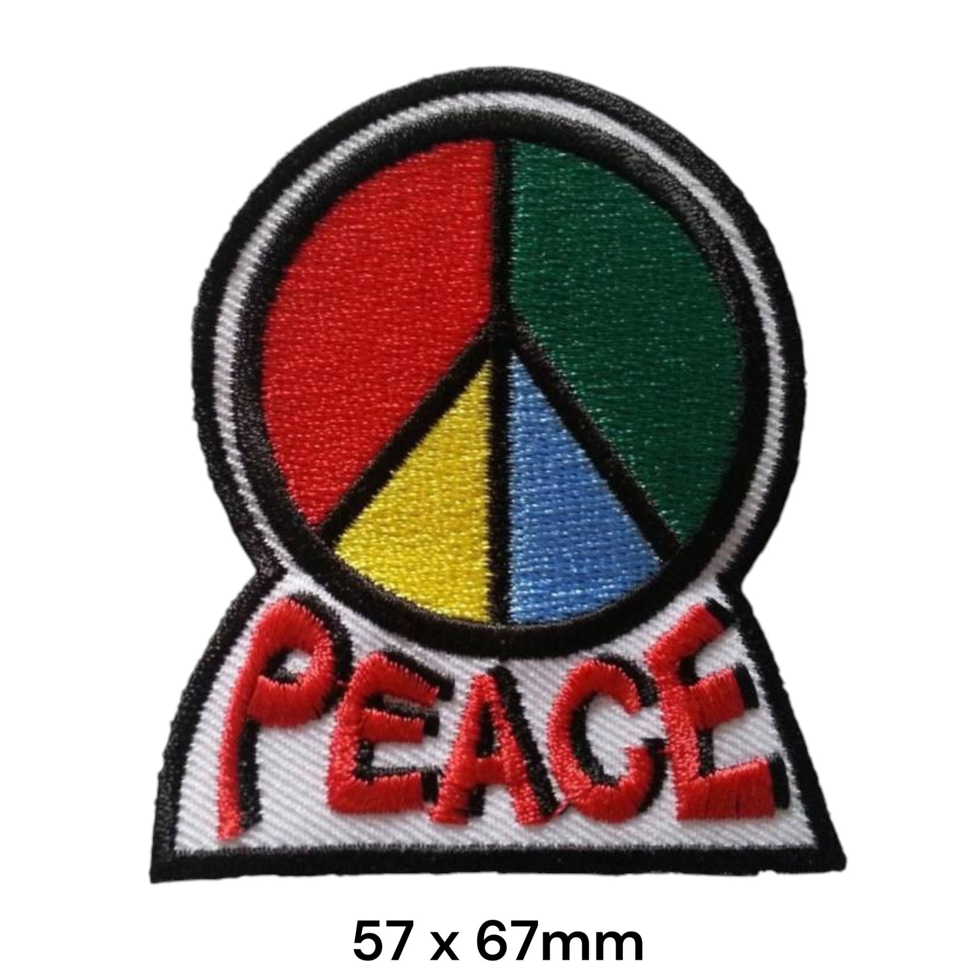 Peace Symbol Multicolour Round Embroidered Patch 57x67mm – Black, White, Red, Green, Yellow & Blue