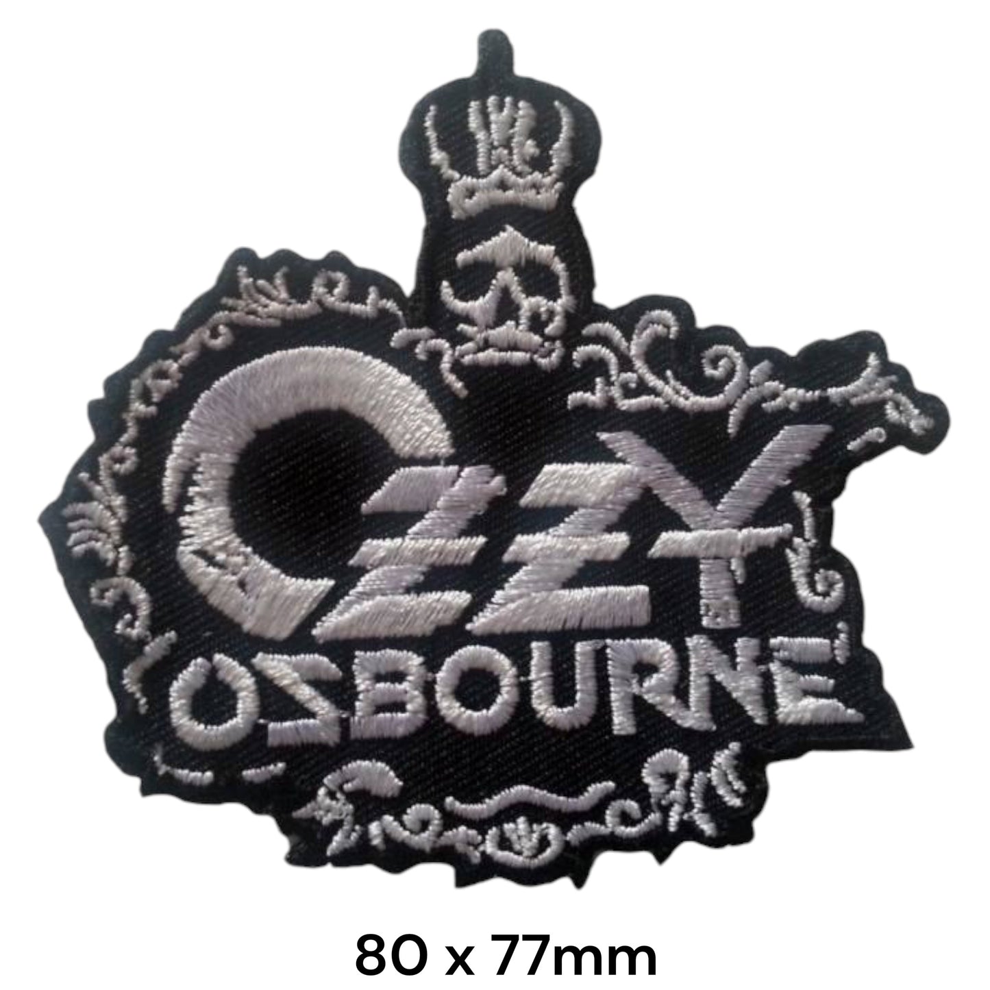 Ozzy Osbourne Crown Skull Logo Die-Cut Embroidered Patch 80x77mm – Black & Silver/White