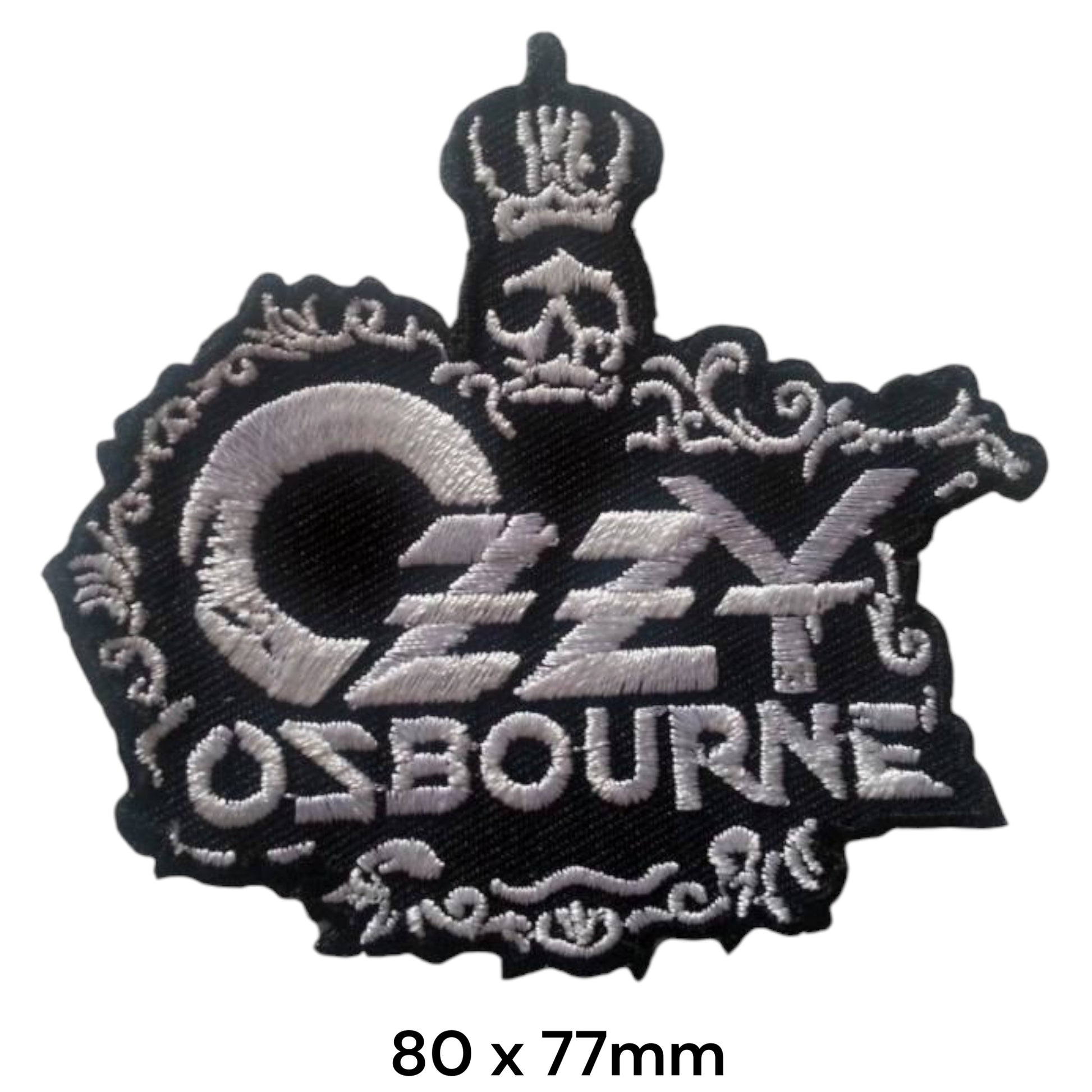 Ozzy Osbourne Crown Skull Logo Die-Cut Embroidered Patch 80x77mm – Black & Silver/White