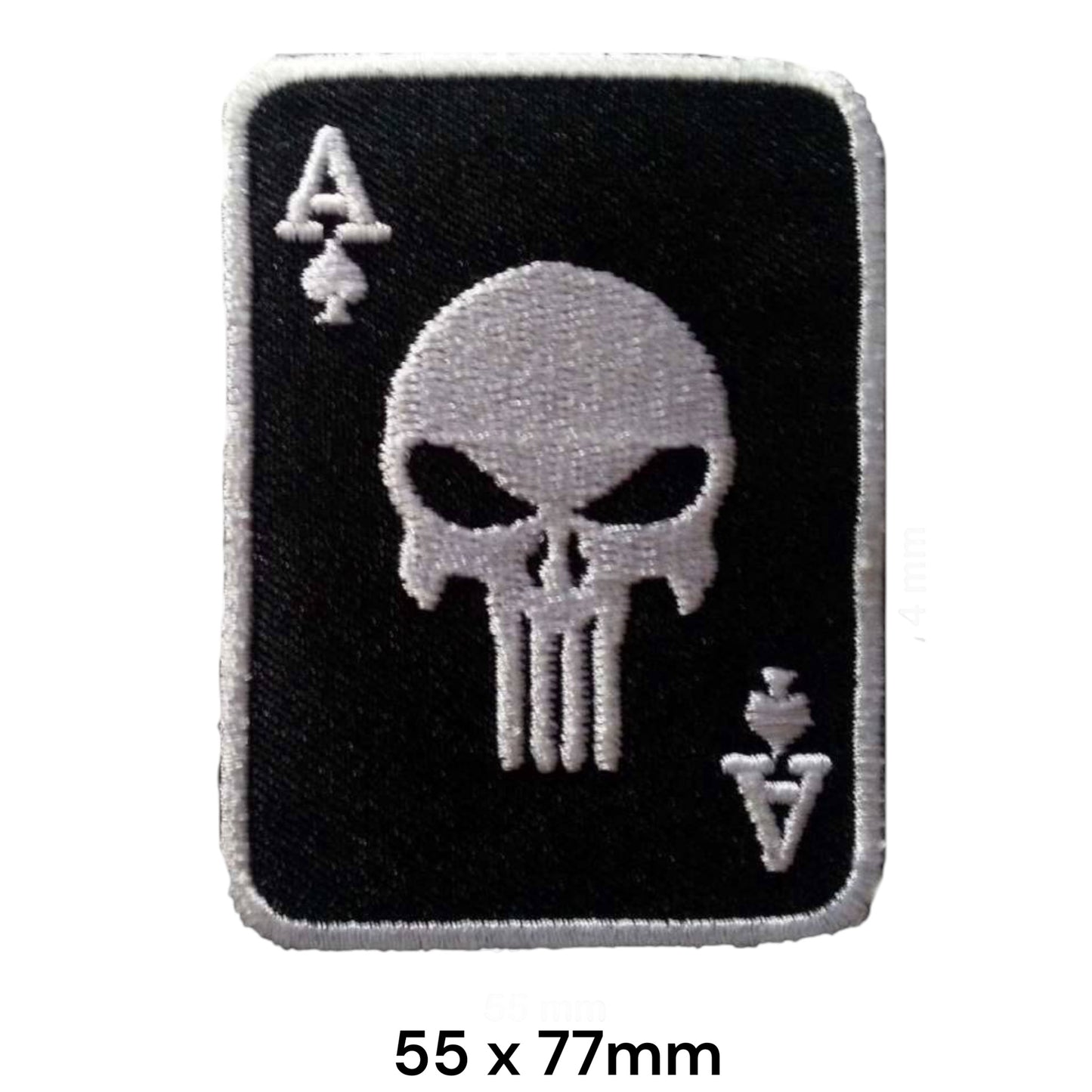 Ace of Spades Punisher Skull Playing Card Embroidered Patch 55x77mm – Black & Silver/White