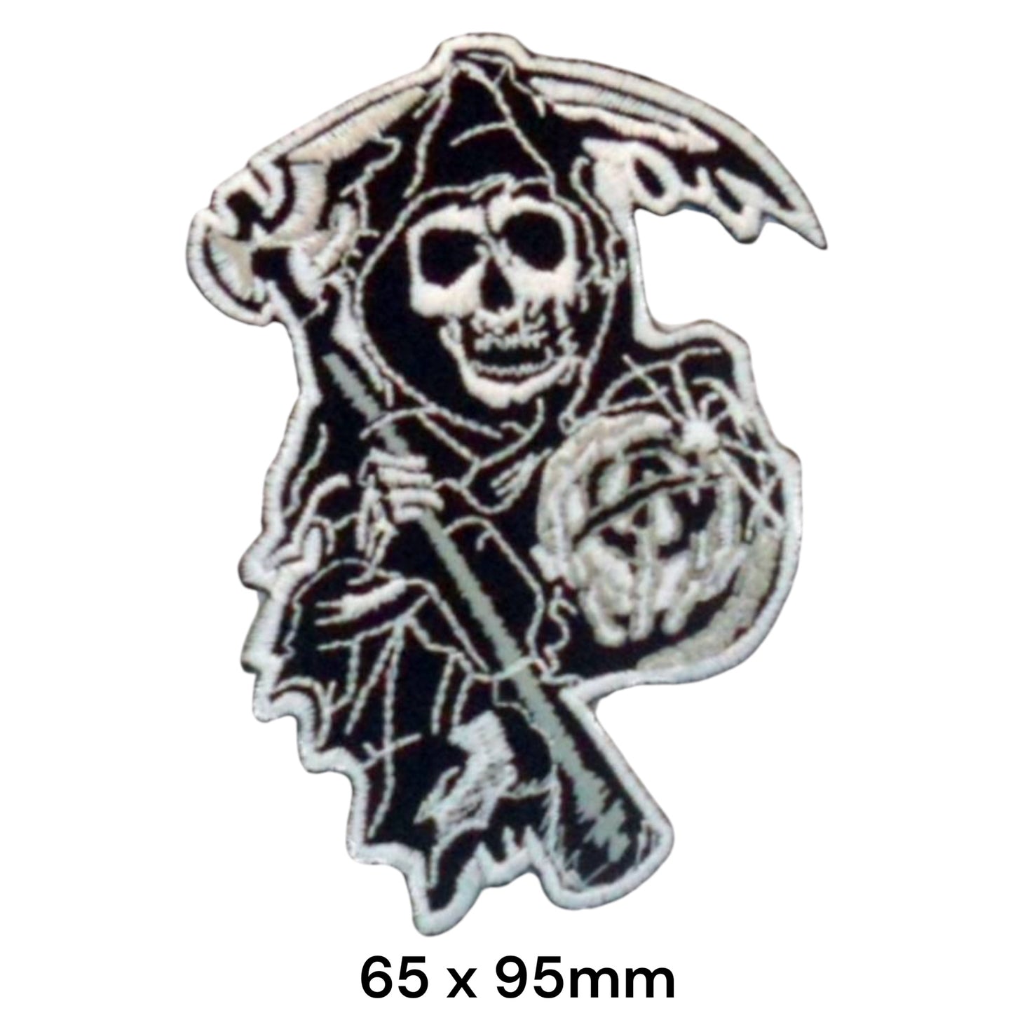 Grim Reaper Scythe Skull Die-Cut Embroidered Patch 65x95mm – Black & White/Silver