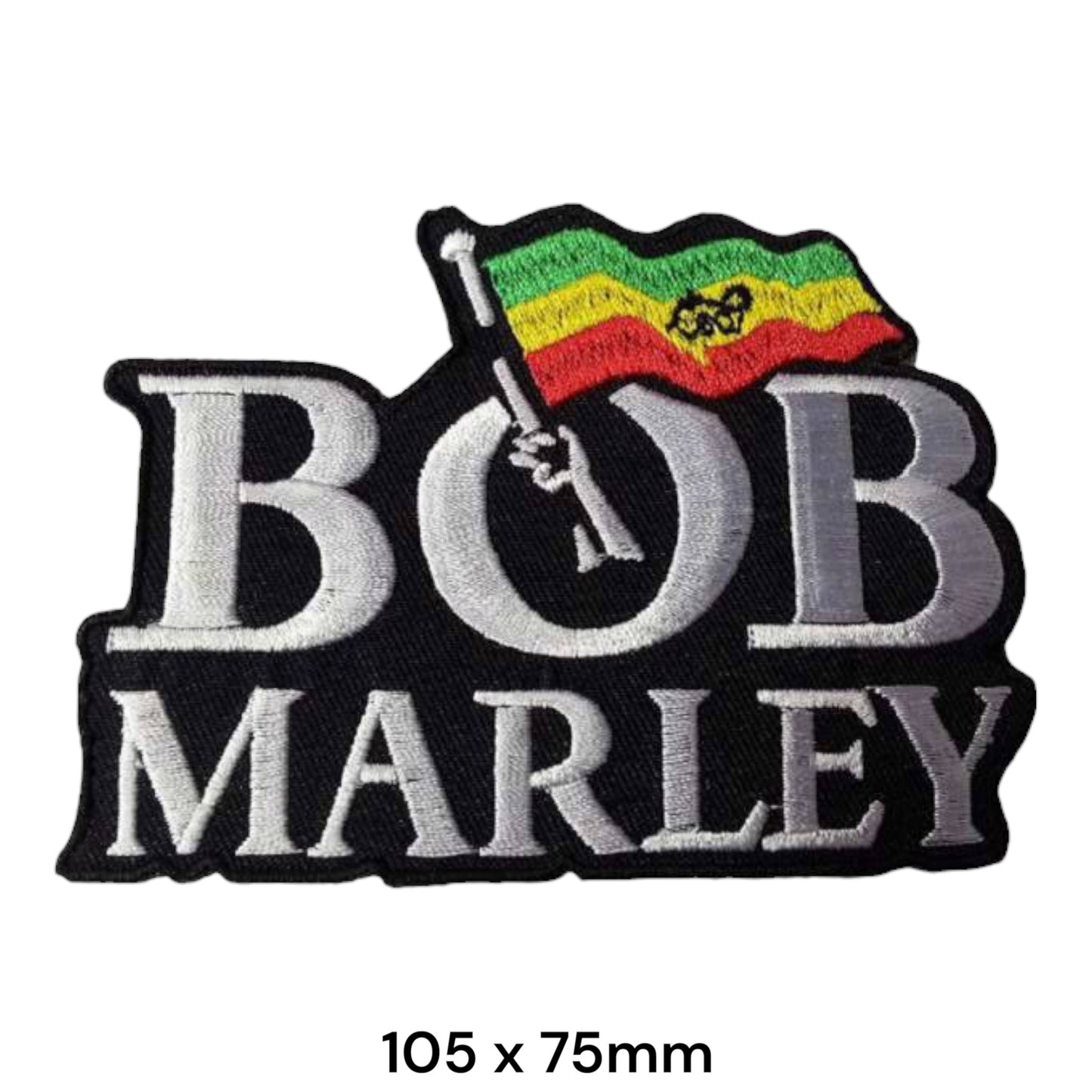 Bob Marley Rasta Flag Die-Cut Embroidered Patch 105x75mm – Black, Silver/White, Green, Yellow & Red