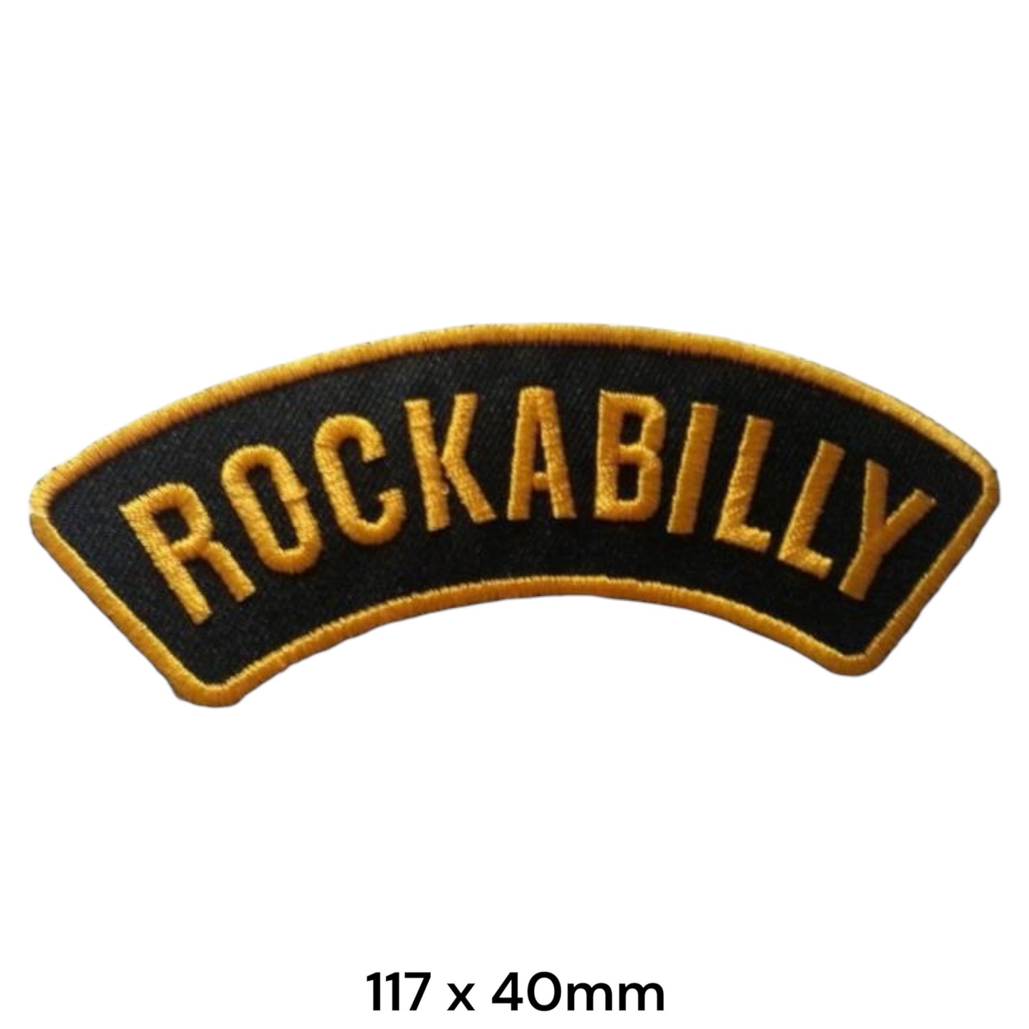 Rockabilly Arched Rocker Embroidered Patch 117x40mm – Black & Gold