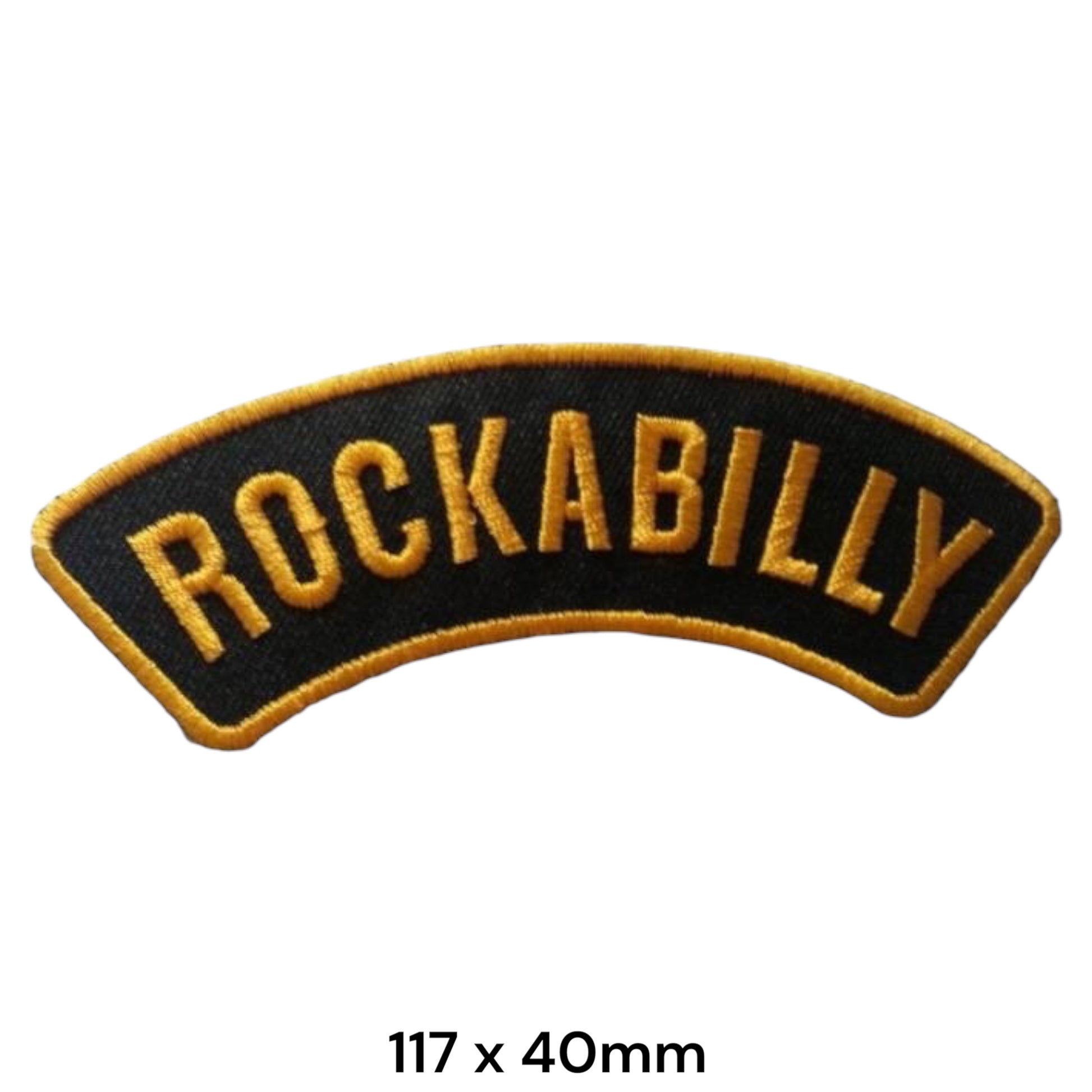 Rockabilly Arched Rocker Embroidered Patch 117x40mm – Black & Gold