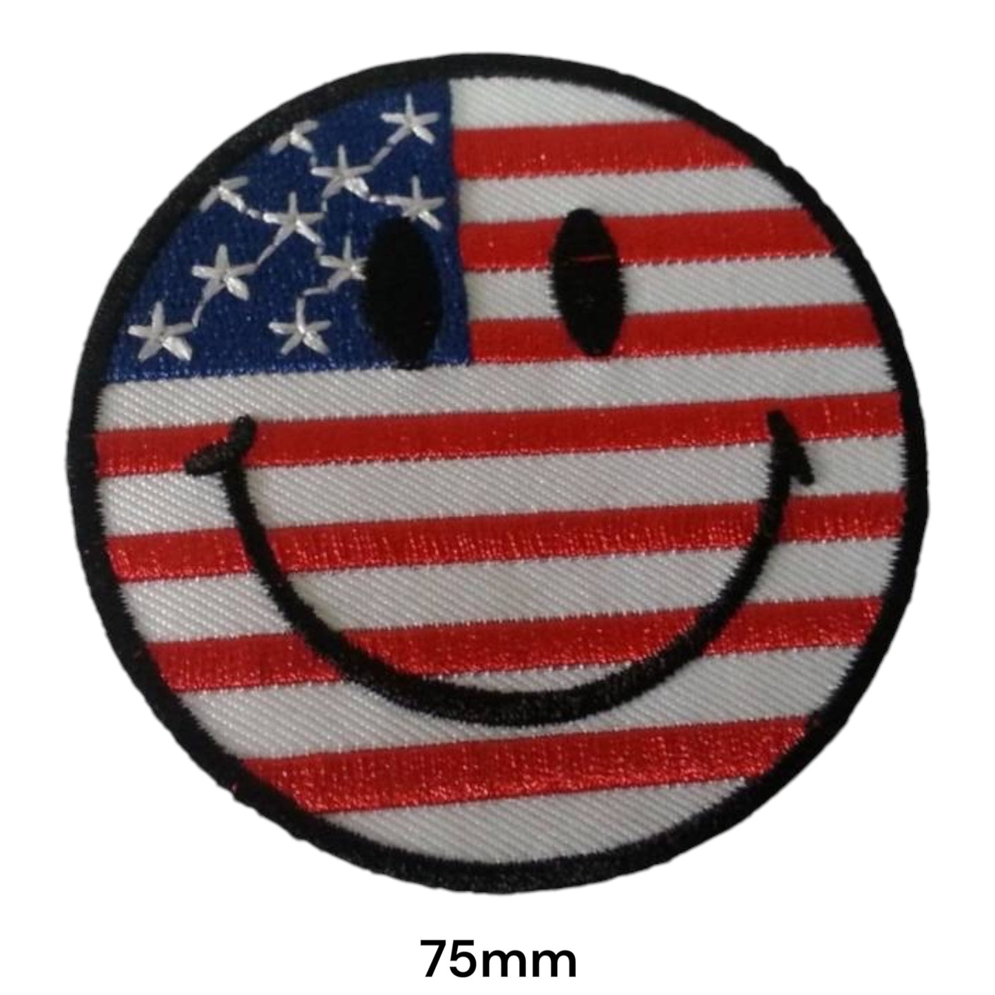 American Flag Smiley Face Round Embroidered Patch 75mm – Red, White, Blue & Black