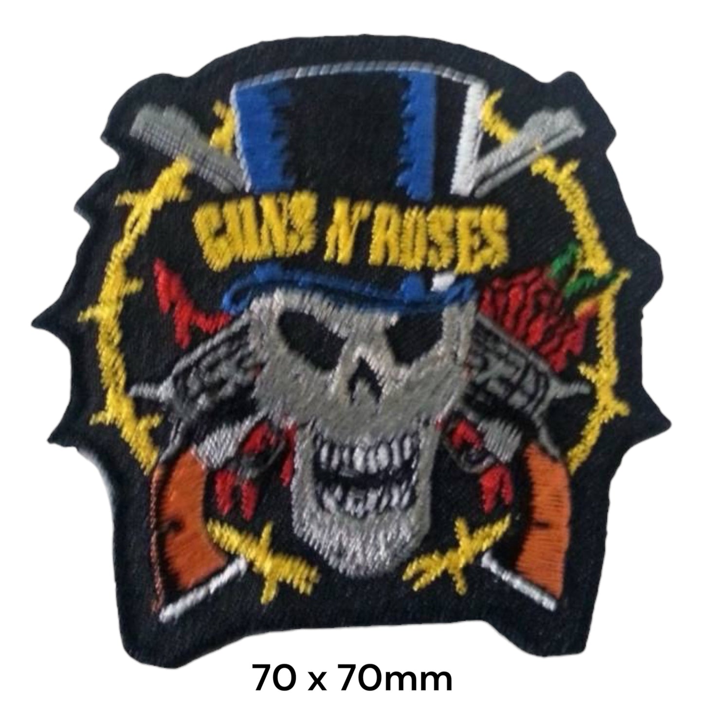 Guns N' Roses Skull Top Hat Crossed Guns Die-Cut Embroidered Patch 70x70mm – Black, Silver/Grey, Yellow, Blue, Red & Orange