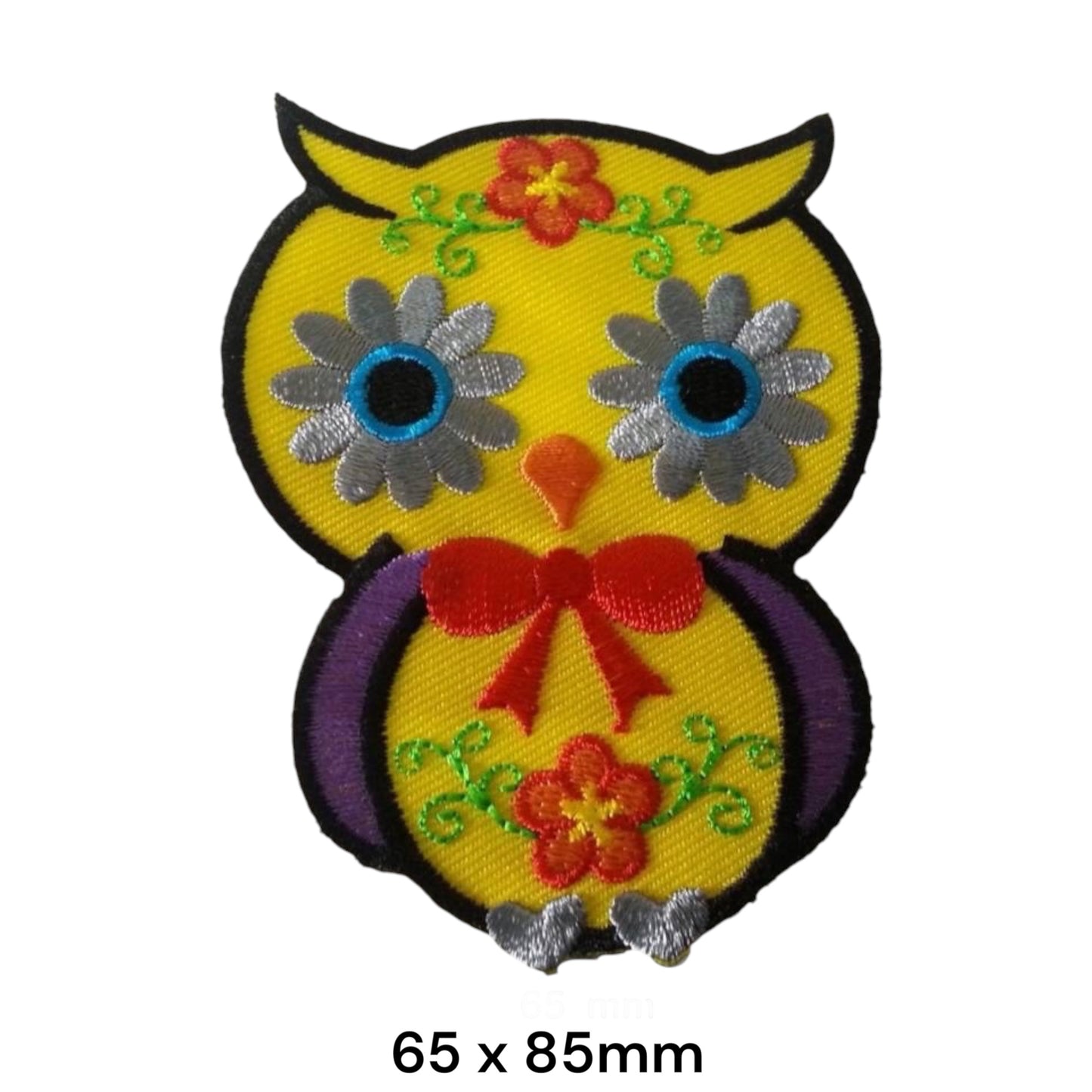 Sugar Skull Owl Floral Die-Cut Embroidered Patch 65x85mm – Yellow, Black, Silver/Grey, Blue, Purple, Red, Orange & Green