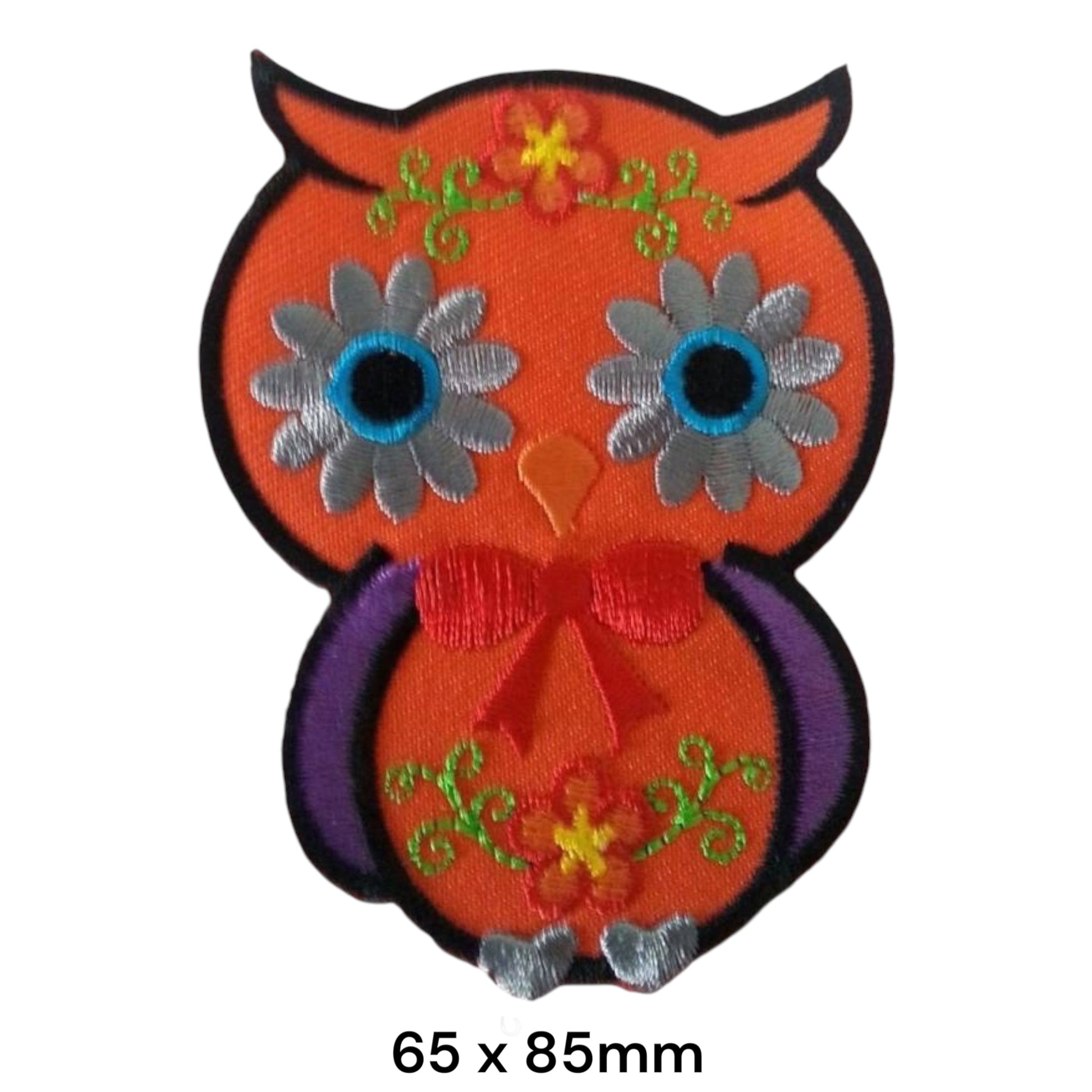 Sugar Skull Owl Floral Die-Cut Embroidered Patch 65x85mm – Orange, Black, Silver/Grey, Blue, Purple, Red & Green