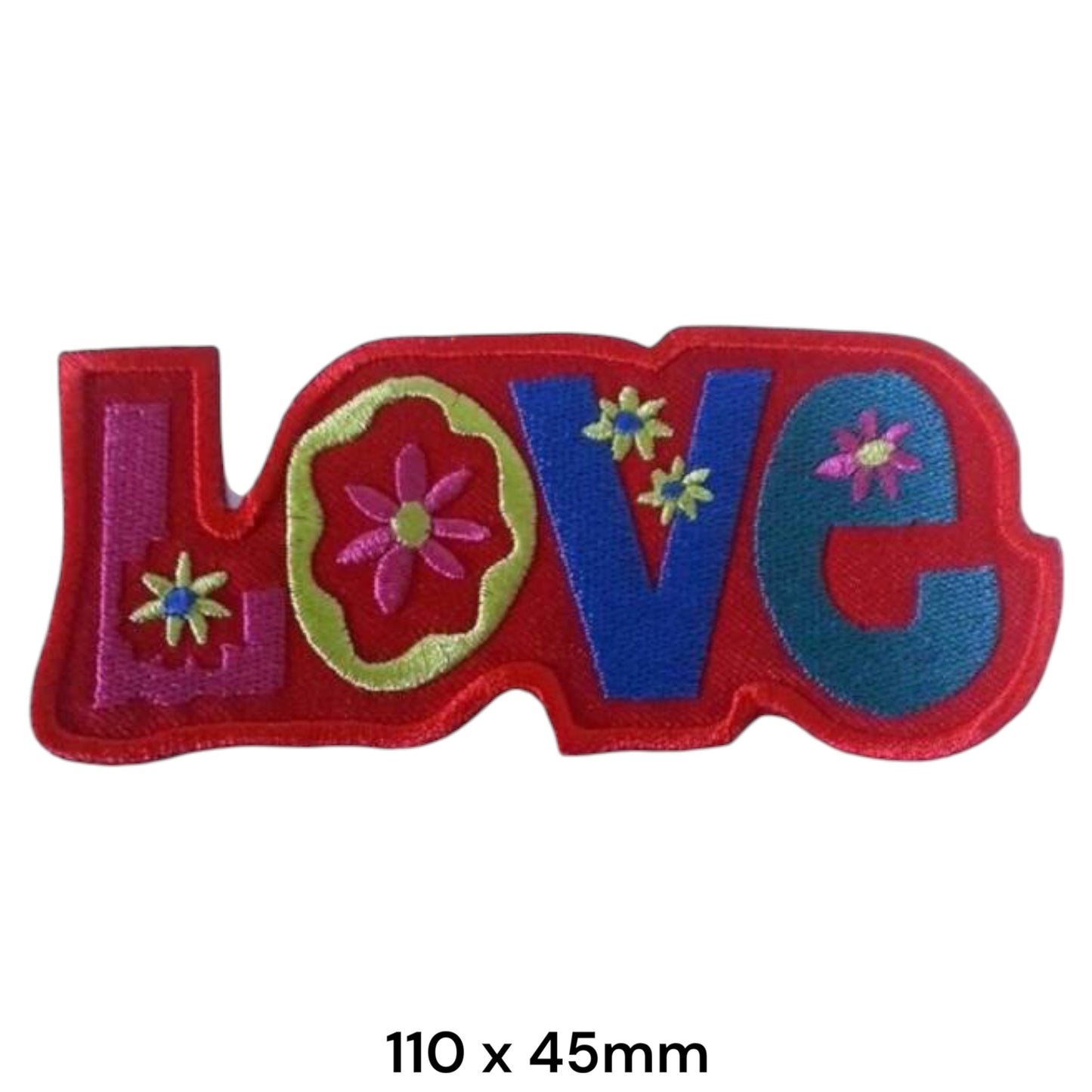 LOVE Floral Hippie Die-Cut Lettering Embroidered Patch 110x45mm – Red, Purple, Blue, Teal, Green/Gold & Pink
