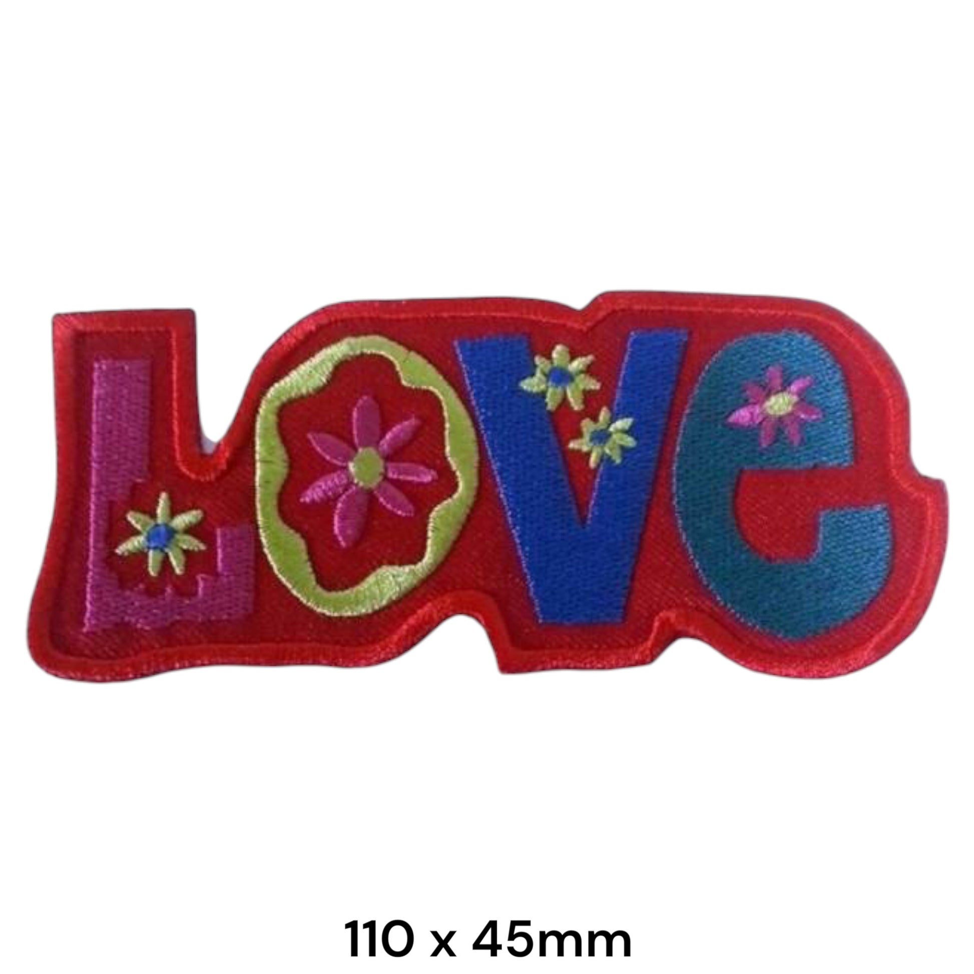 LOVE Floral Hippie Die-Cut Lettering Embroidered Patch 110x45mm – Red, Purple, Blue, Teal, Green/Gold & Pink