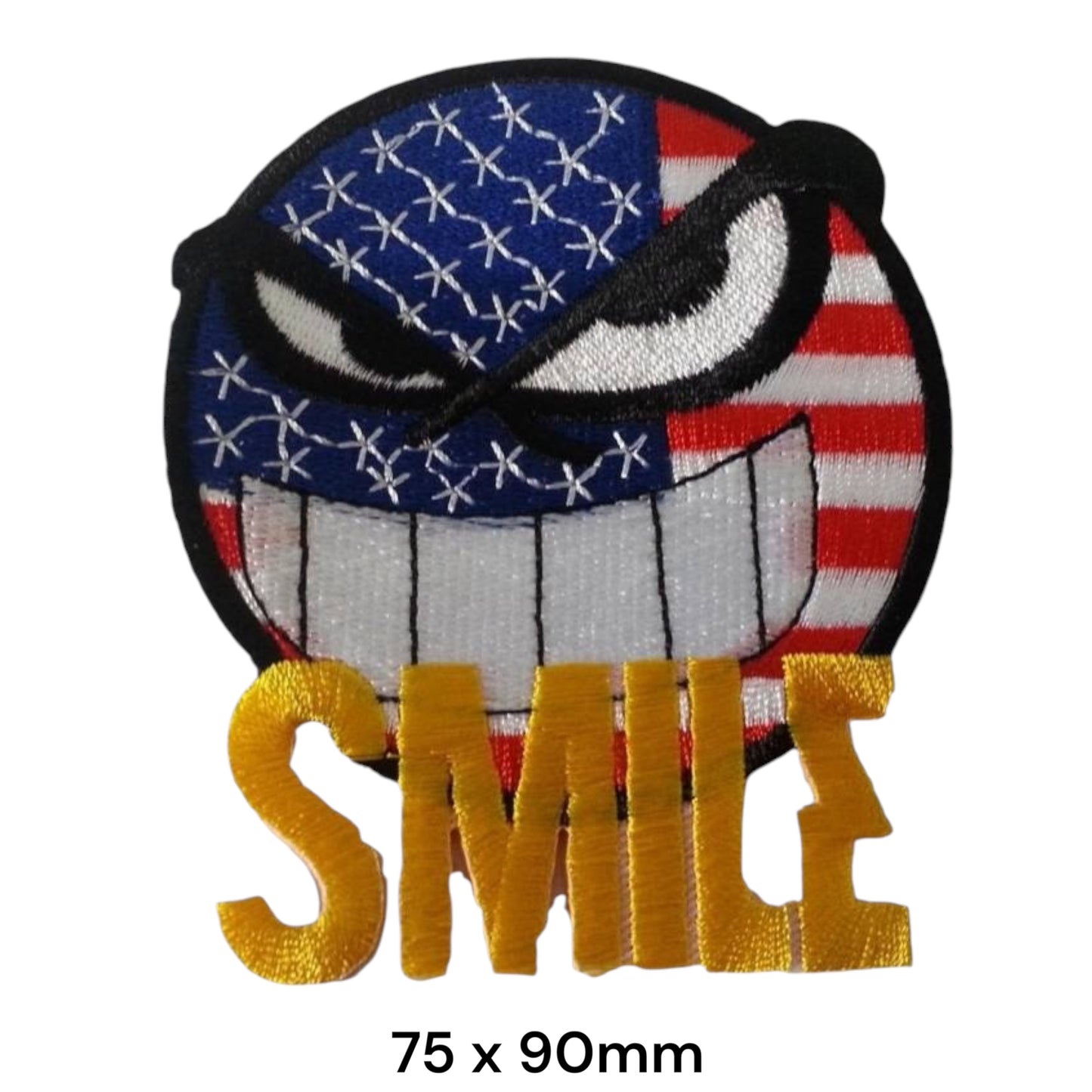 American Flag Evil Grin SMILE Die-Cut Embroidered Patch 75x90mm – Blue, Red, White, Black & Gold/Yellow