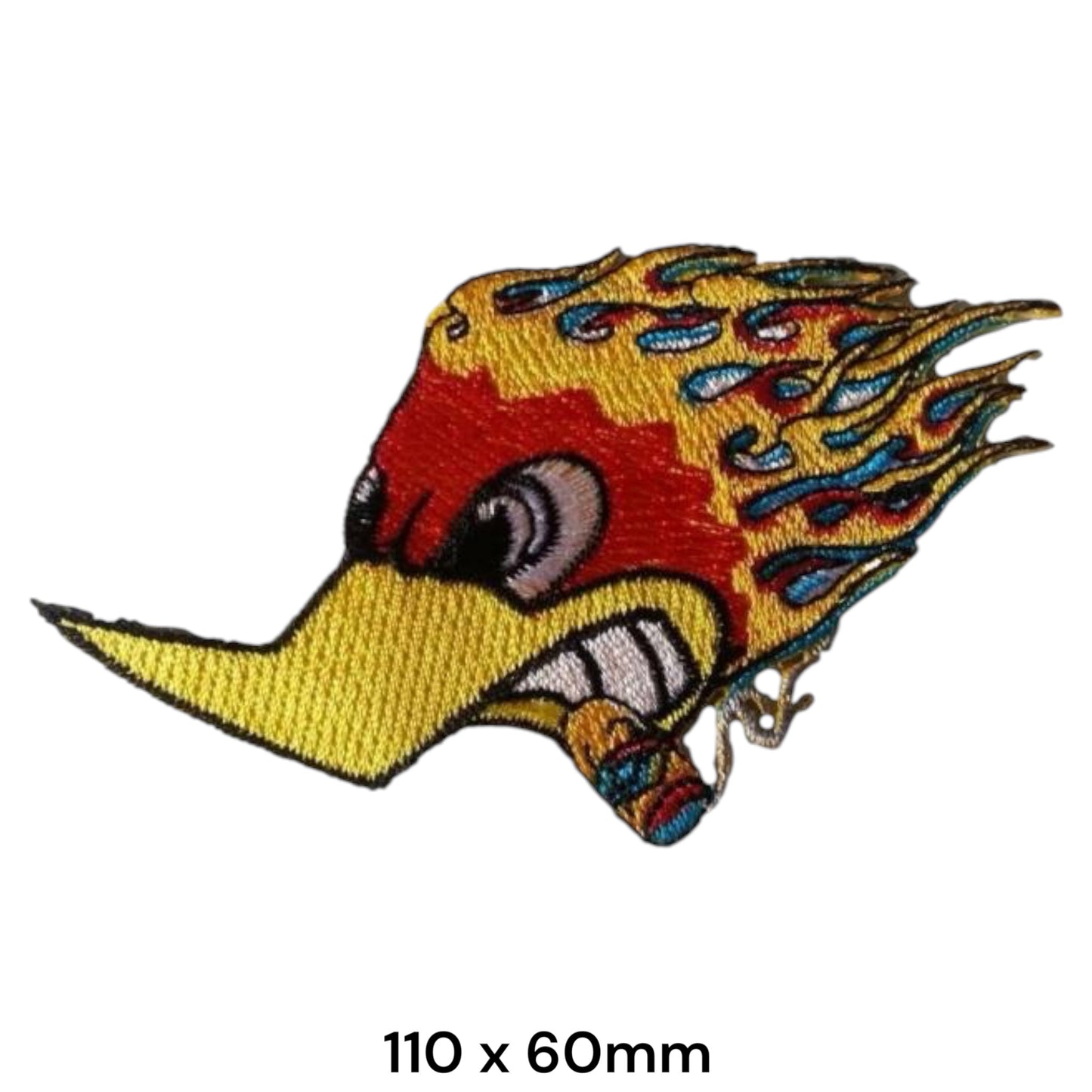 Angry Flaming Duck Die-Cut Embroidered Patch 110x60mm – Yellow, Red, Blue/Teal & White