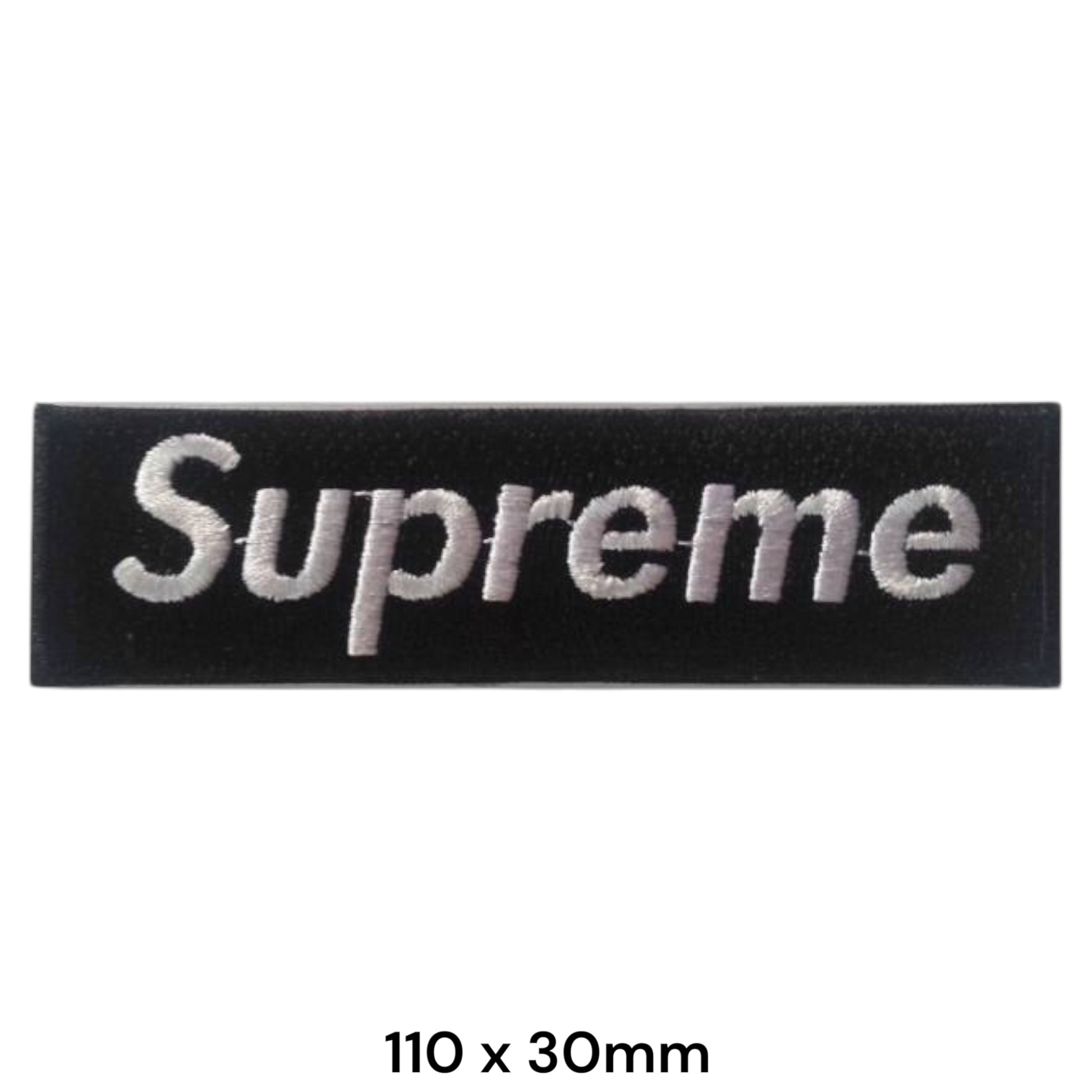 Supreme Box Logo Rectangular Embroidered Patch 110x30mm – Black & White/Silver