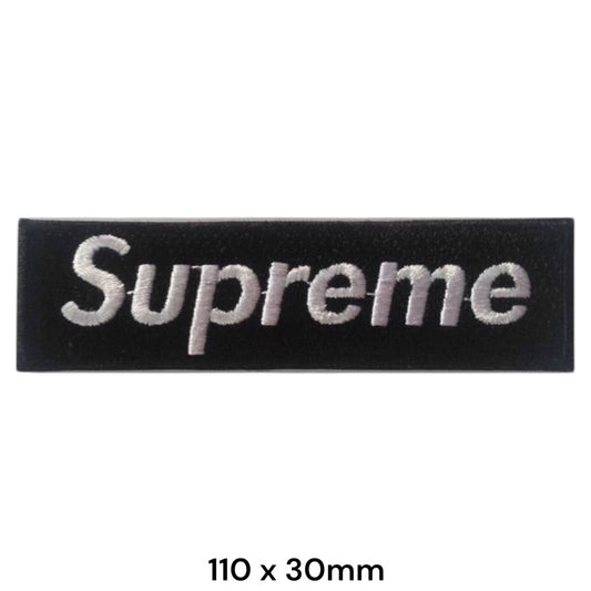 Supreme Box Logo Rectangular Embroidered Patch 110x30mm – Black & White/Silver