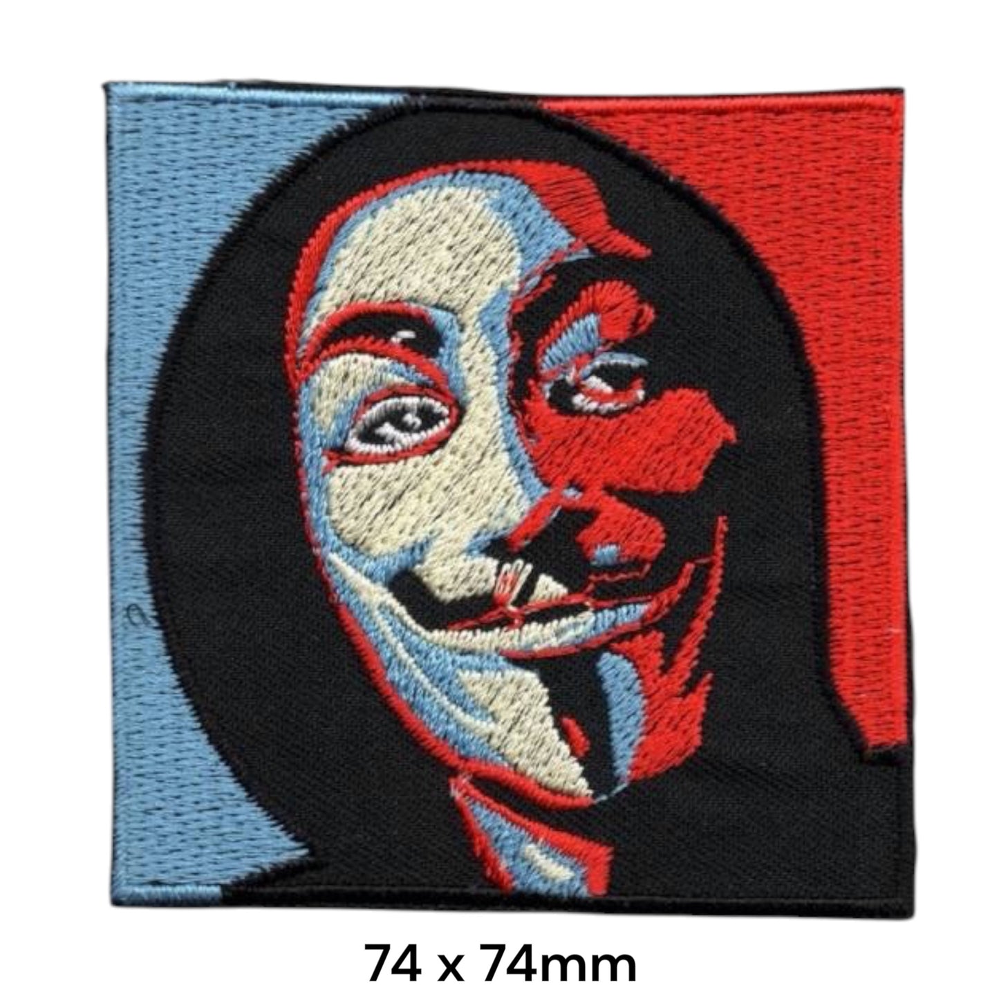 Guy Fawkes Anonymous Mask Pop Art Square Embroidered Patch 74x74mm – Blue, Red, Beige/White & Black
