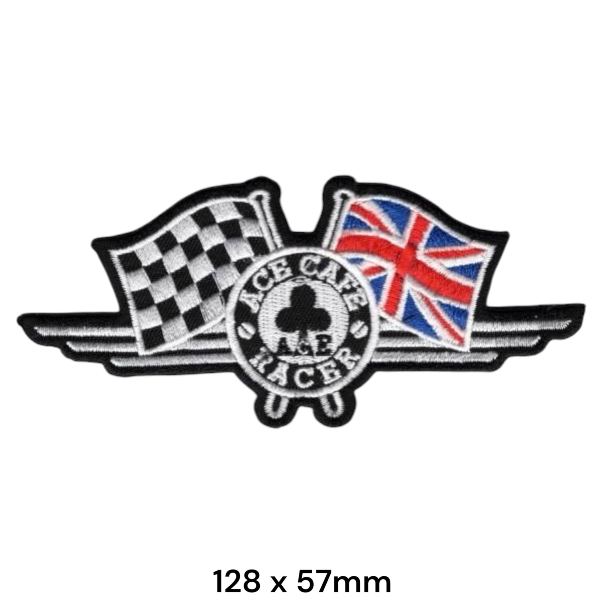 Ace Cafe Racer Wings Checkered Flag Union Jack Die-Cut Embroidered Patch 128x57mm – Black, White, Red & Blue