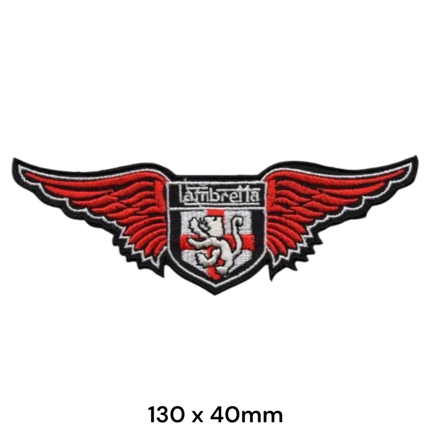 Lambretta Wings Shield Logo Die-Cut Embroidered Patch 130x40mm – Red, White & Black
