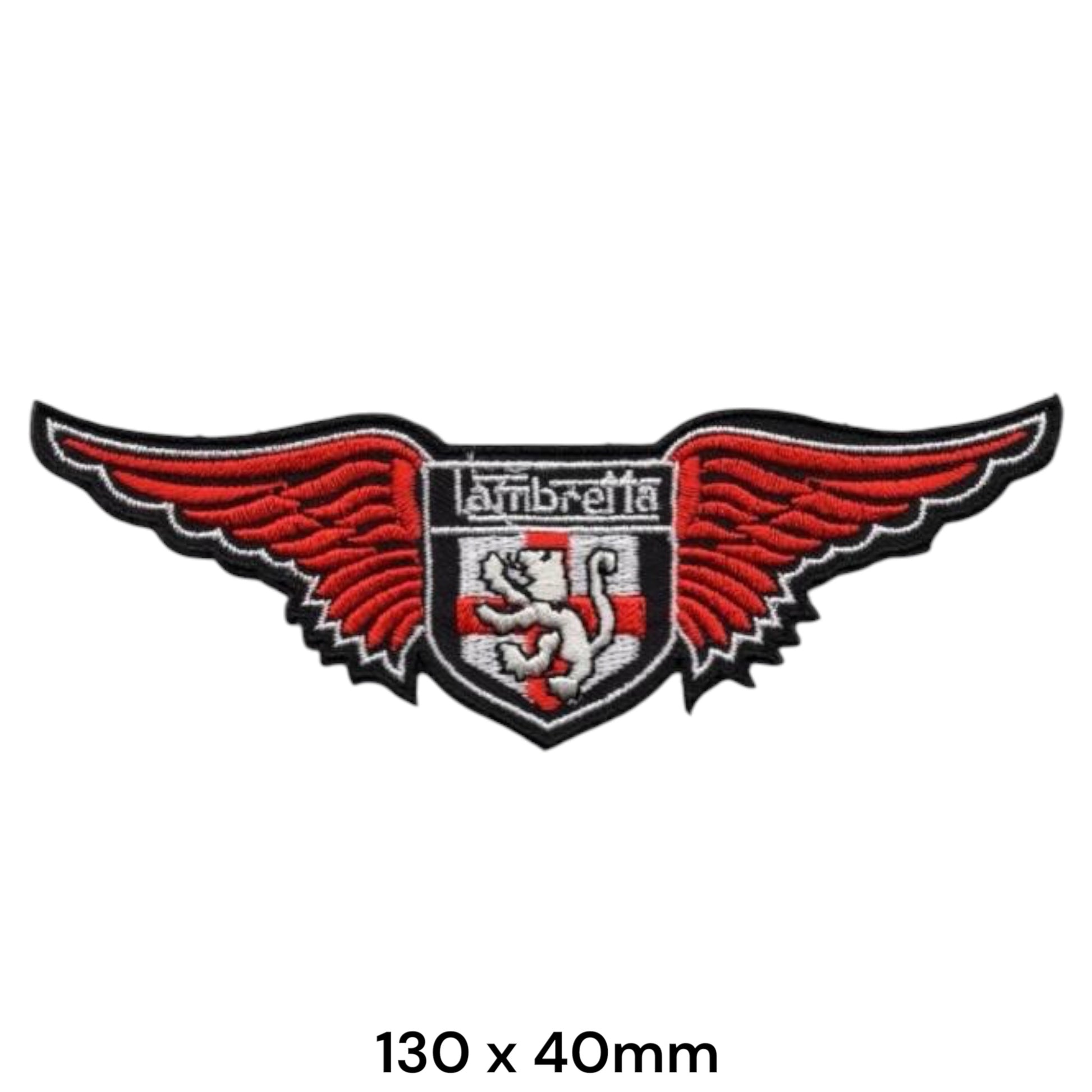 Lambretta Wings Shield Logo Die-Cut Embroidered Patch 130x40mm – Red, White & Black