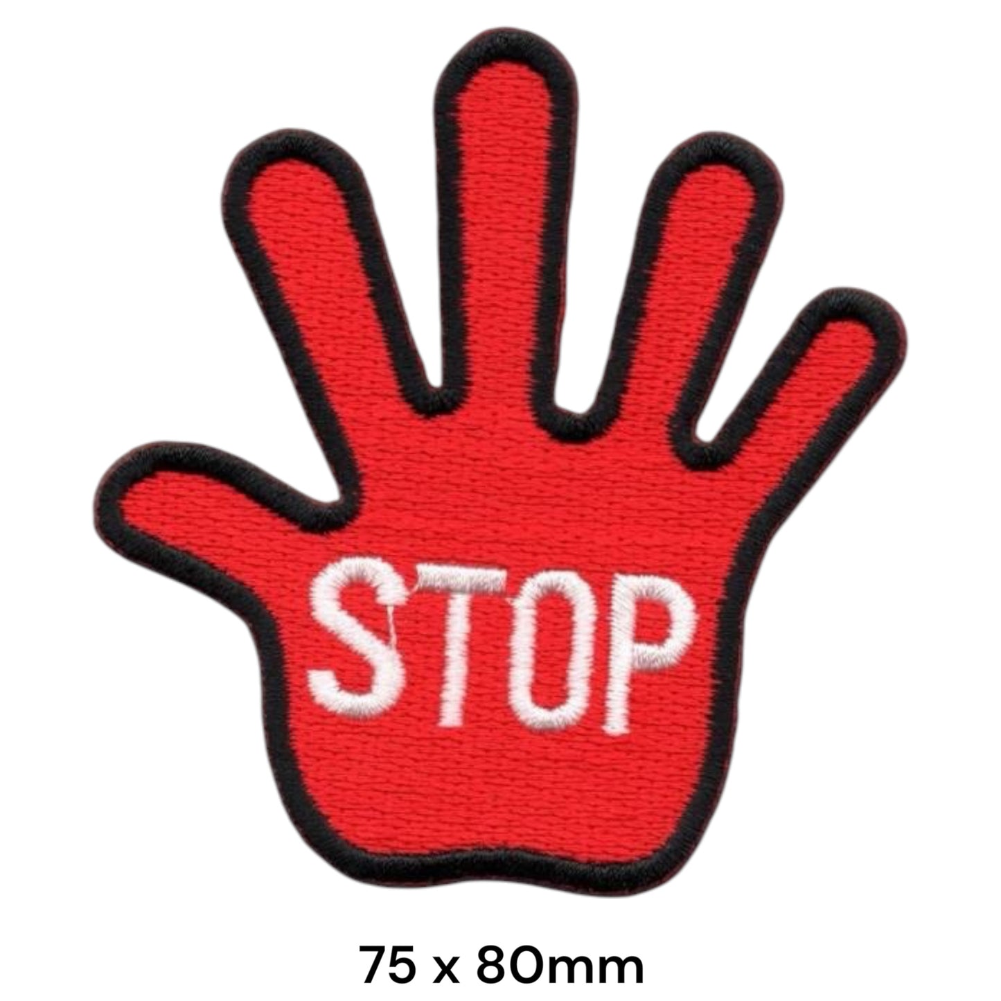 Red Stop Hand Sign Die-Cut Embroidered Patch 75x80mm – Red, White & Black