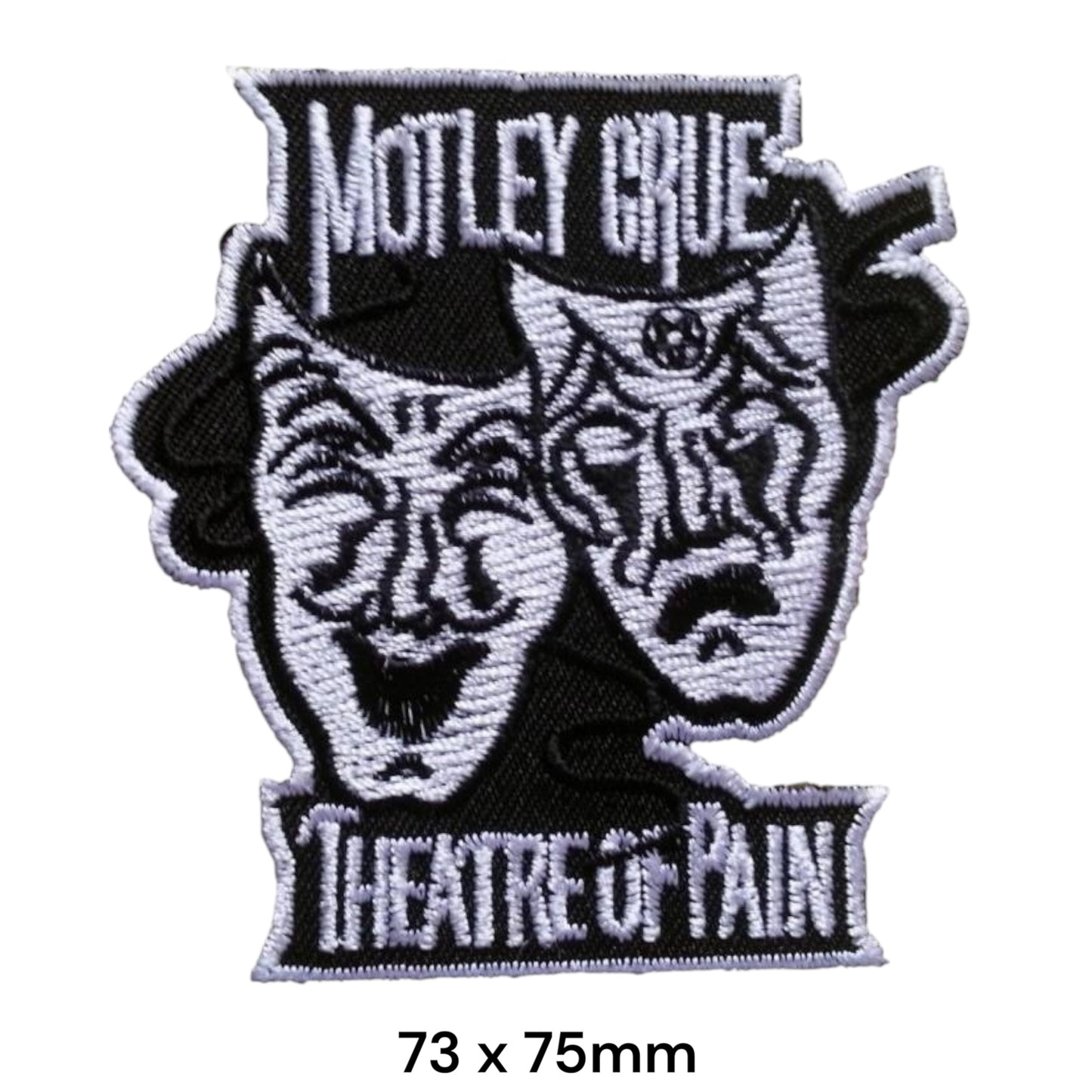 Mötley Crüe Theatre of Pain Comedy Tragedy Masks Die-Cut Embroidered Patch 73x75mm – White & Black