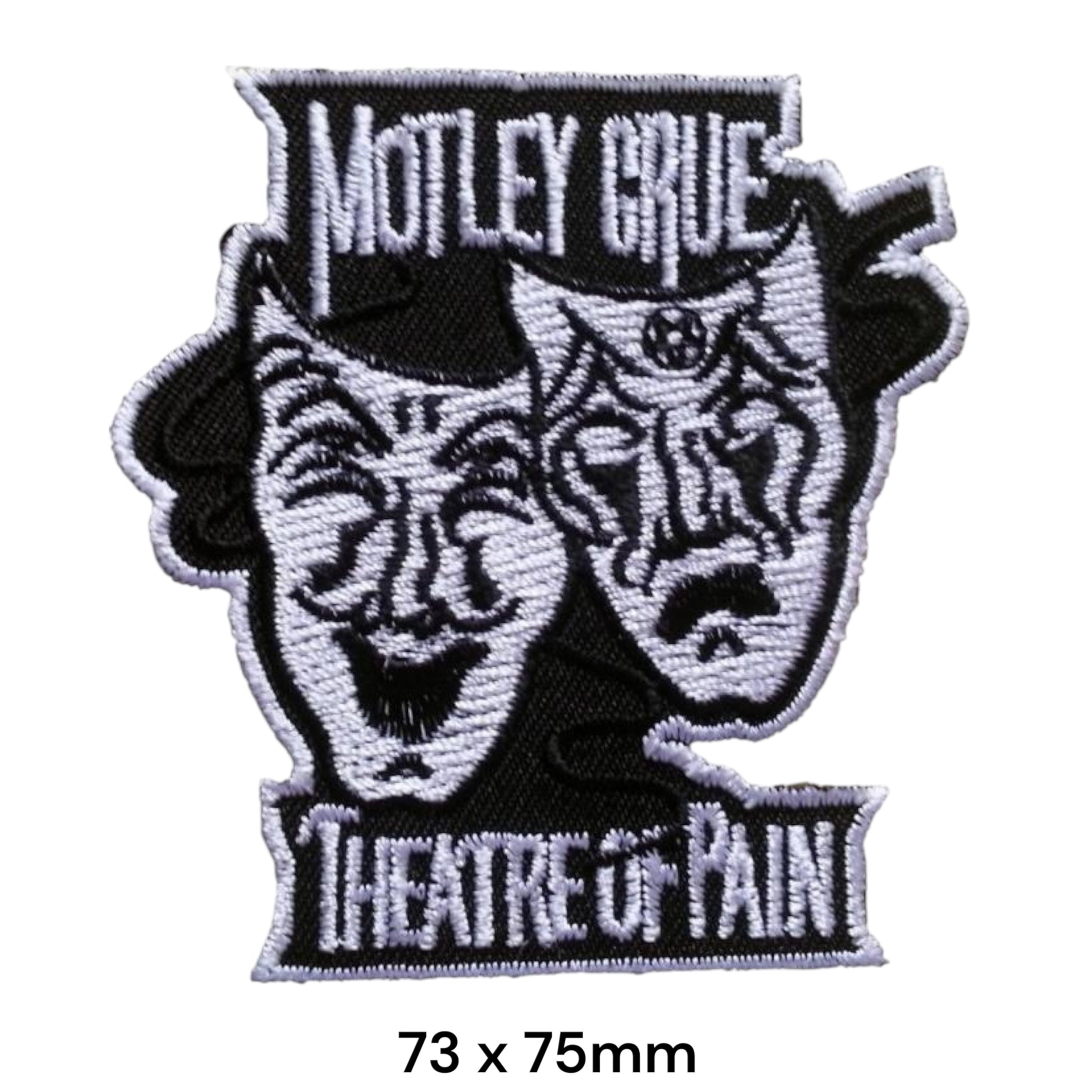 Mötley Crüe Theatre of Pain Comedy Tragedy Masks Die-Cut Embroidered Patch 73x75mm – White & Black