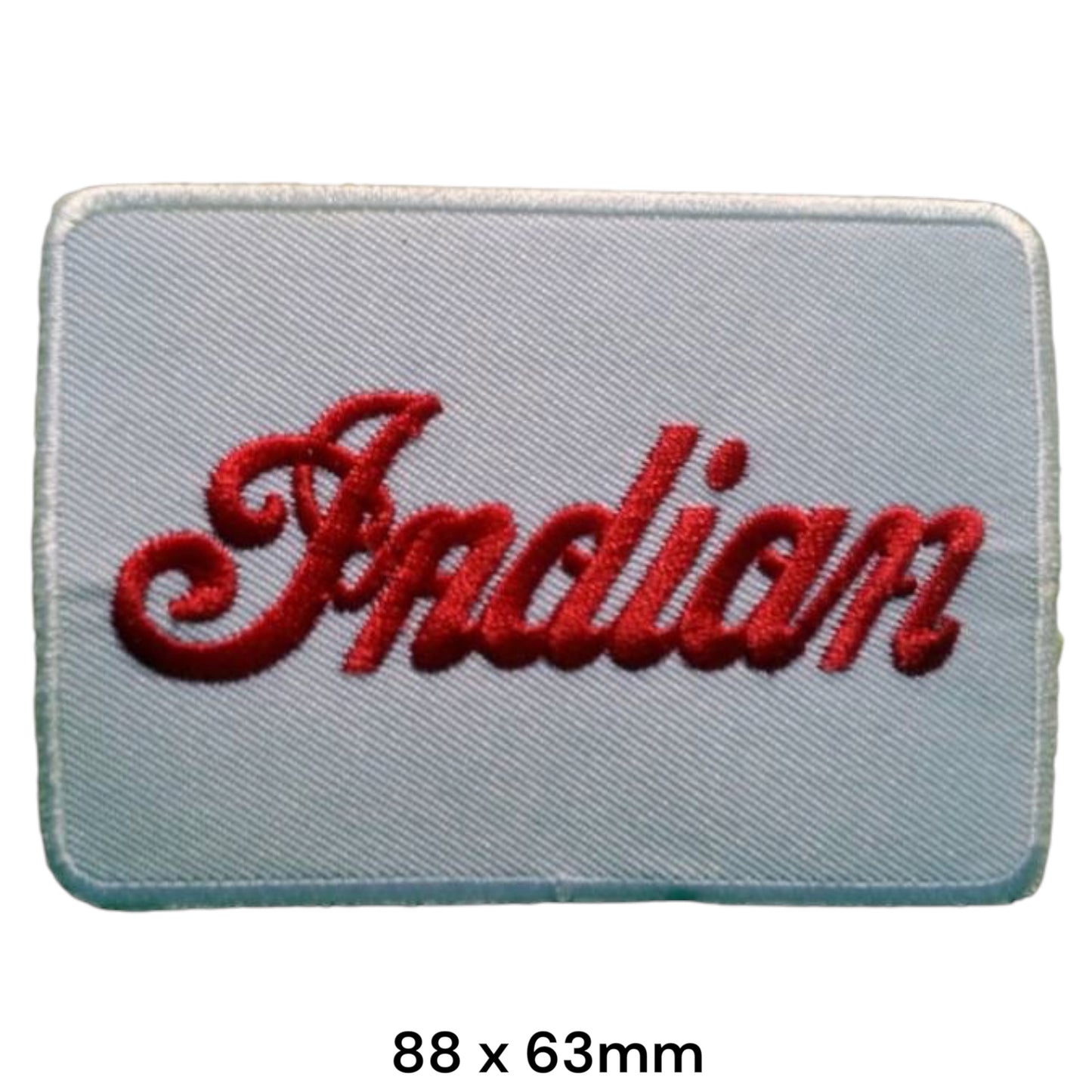 Indian Motorcycle Script Logo Rectangular Embroidered Patch 88x63mm – Red & White/Silver