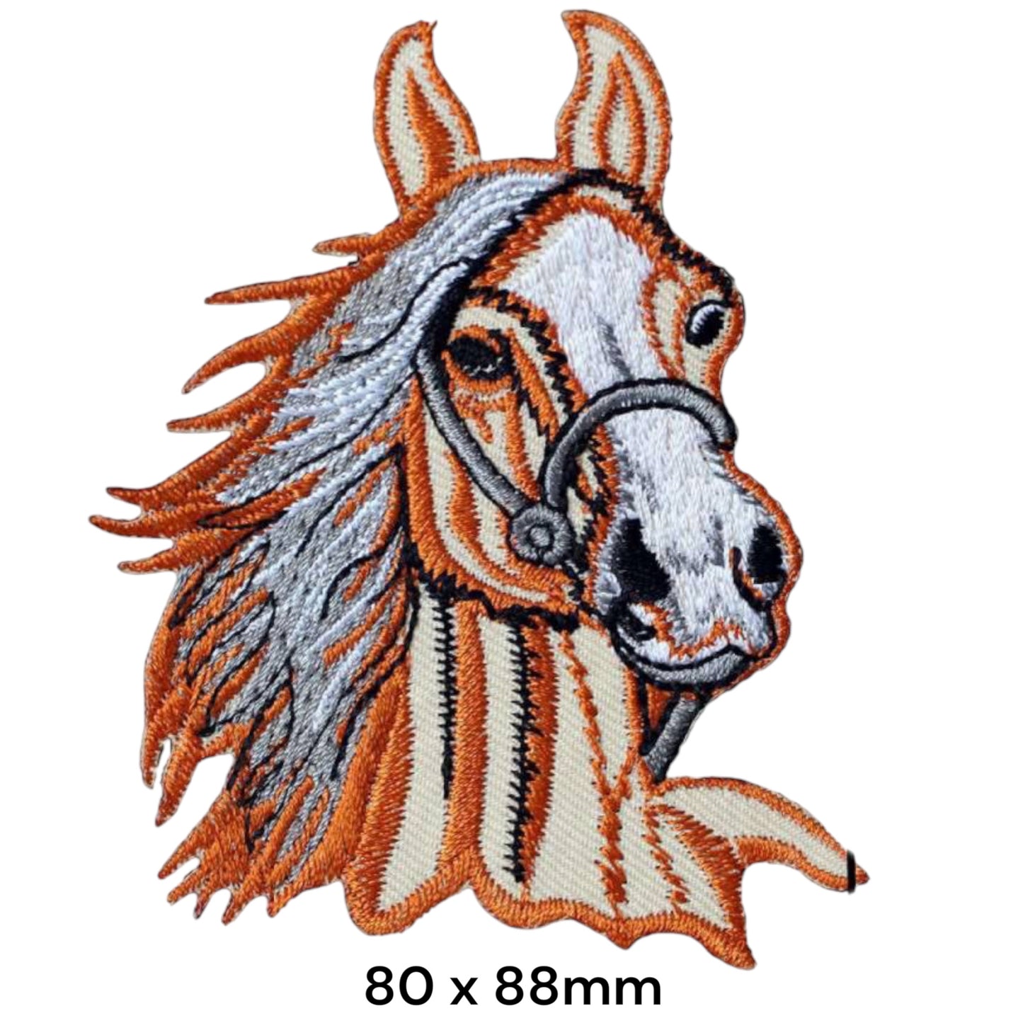 Chestnut Horse Portrait with Bridle Die-Cut Embroidered Patch 80x88mm – Orange/Brown, White/Cream & Grey
