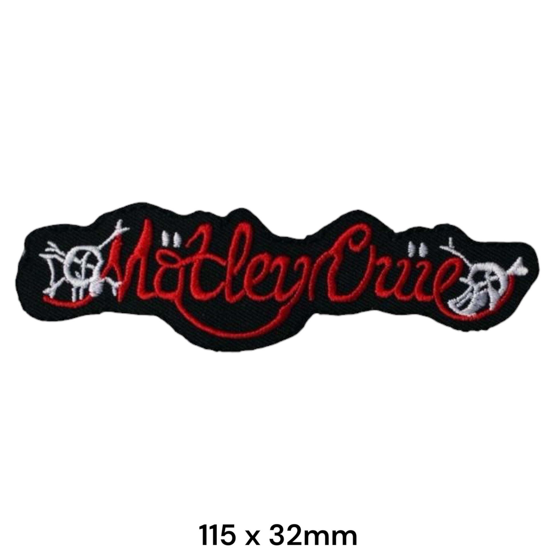 Mötley Crüe Script Logo with Skull Figures Die-Cut Embroidered Patch 115x32mm – Red, White & Black