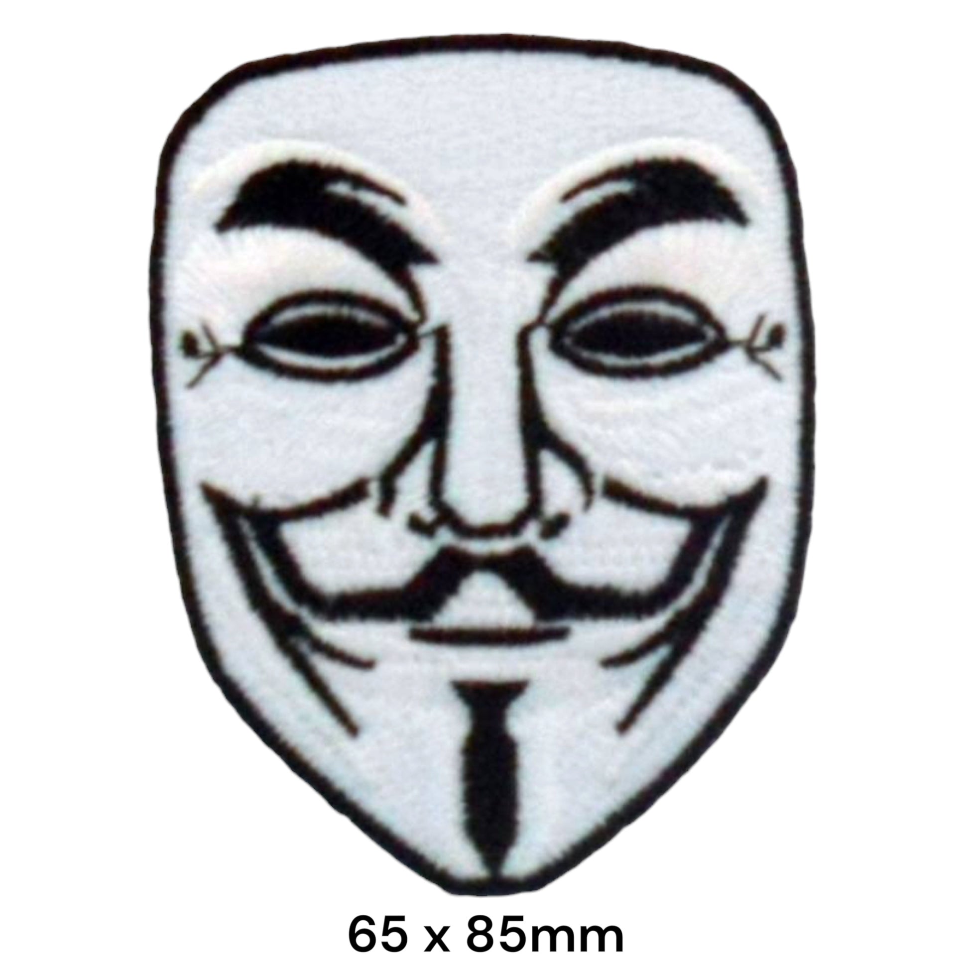 Guy Fawkes Anonymous Mask Die-Cut Embroidered Patch 65x85mm – White & Black