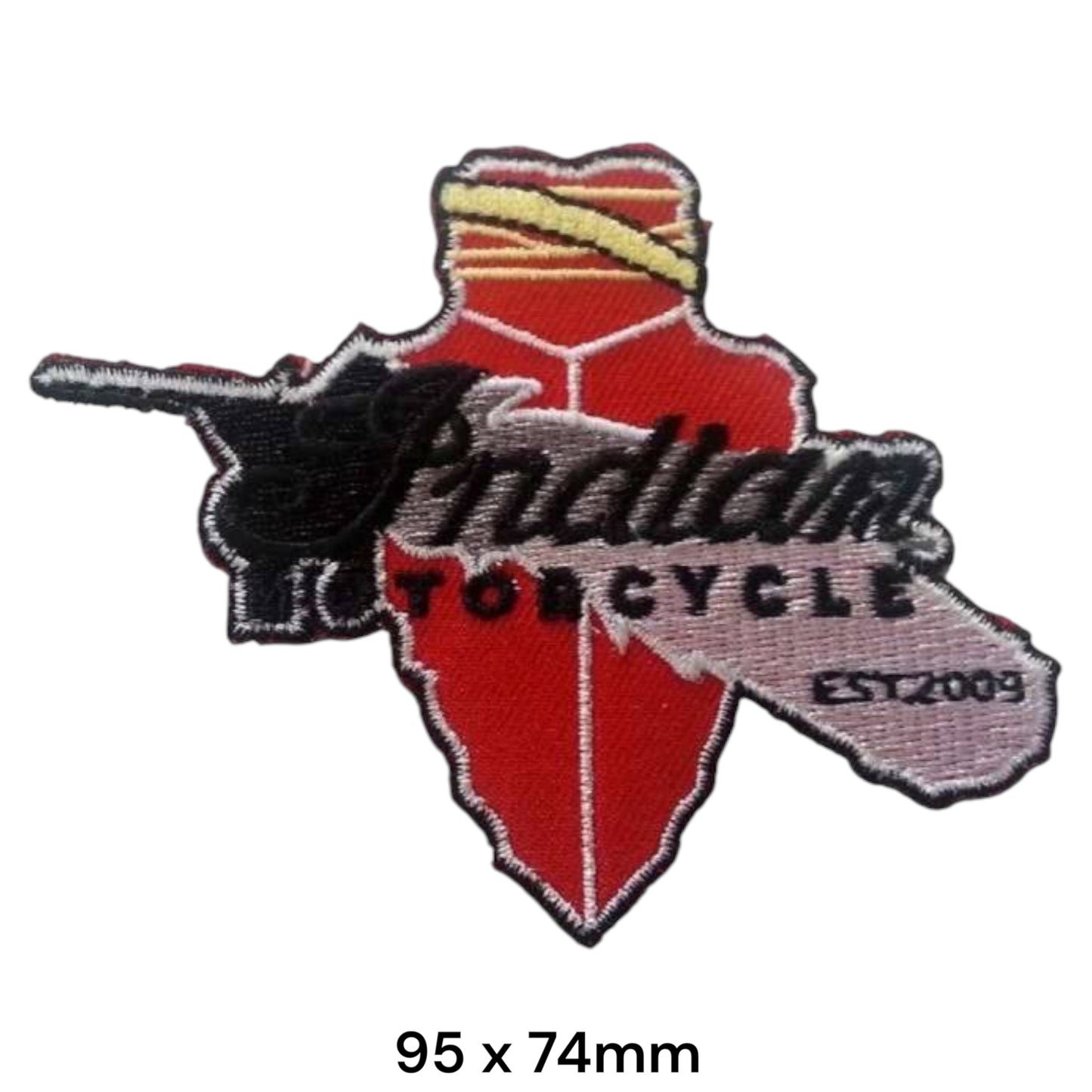 Indian Motorcycle Arrowhead Shield Est. 2009 Die-Cut Embroidered Patch 95x74mm – Red, Black, White & Yellow