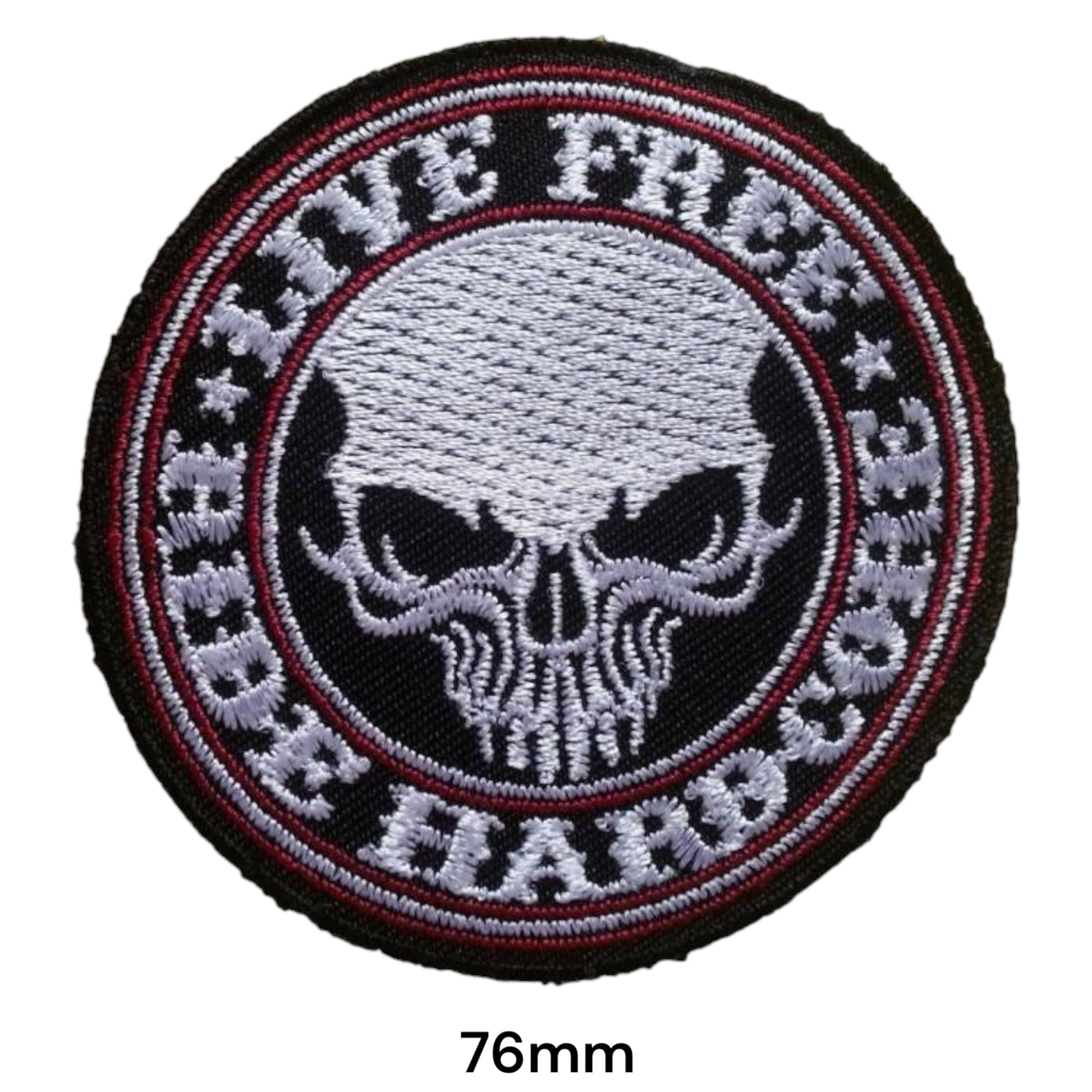 Ride Free or Die Hard Skull Round Embroidered Patch 76mm – White, Red & Black